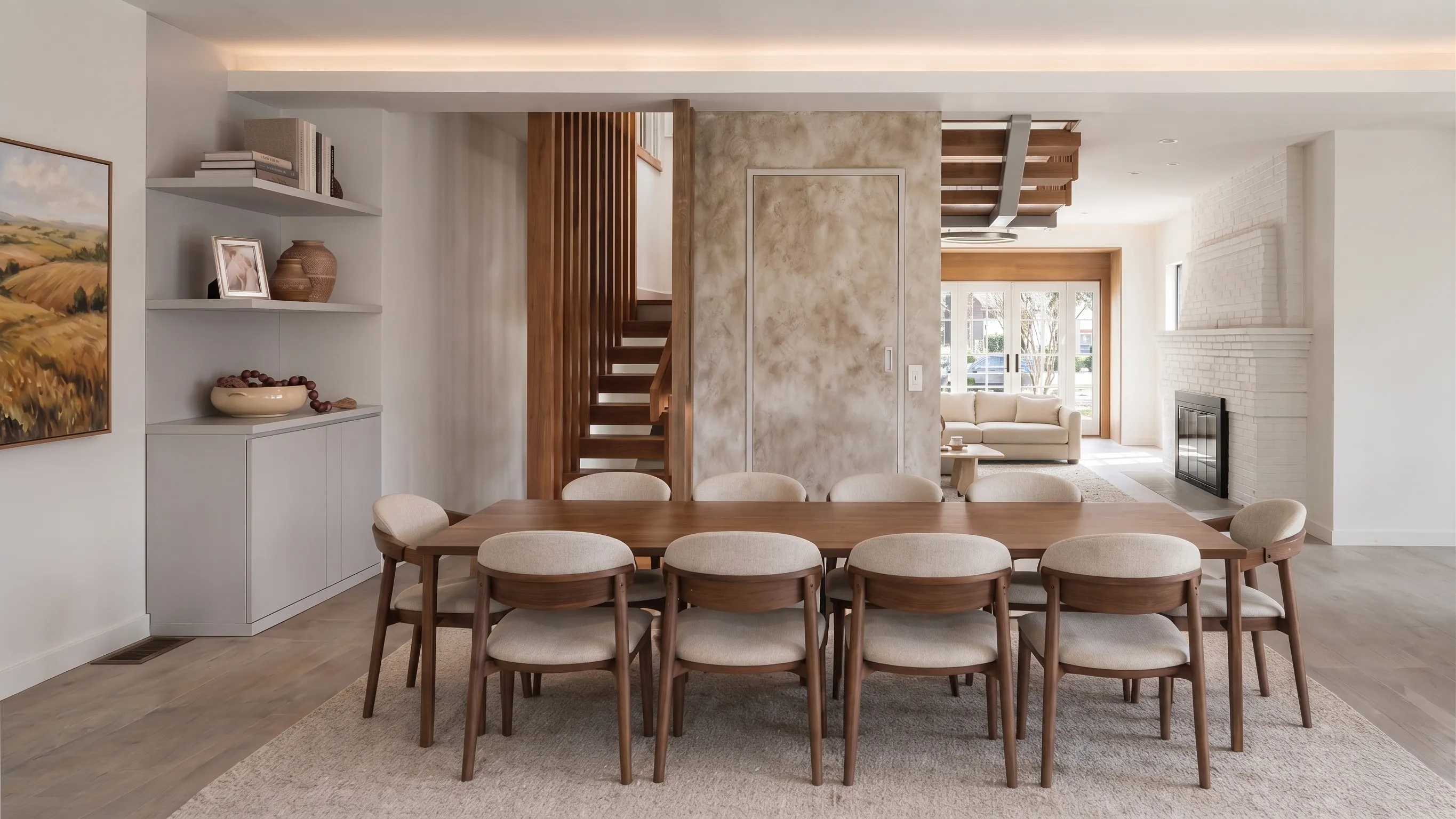 Dining room with a long walnut table and built-in shelving beside a plaster feature wall in a Long Island multigenerational home