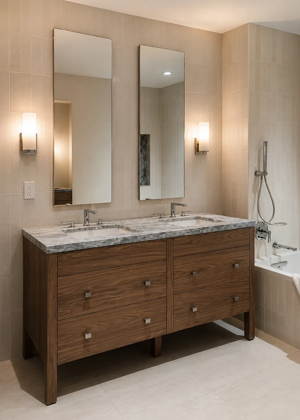 Primary bathroom with a double walnut vanity, marble countertop, and tall mirrors in an Astoria, New York condominium