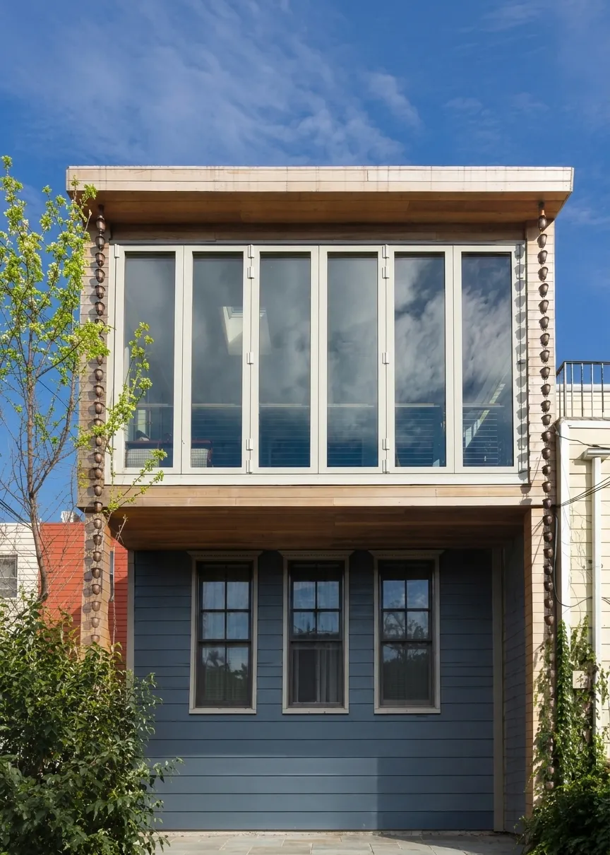 Park Slope townhouse with a cedar-framed glass balcony sunroom above a blue clapboard garage level, copper rain chains running down each corner