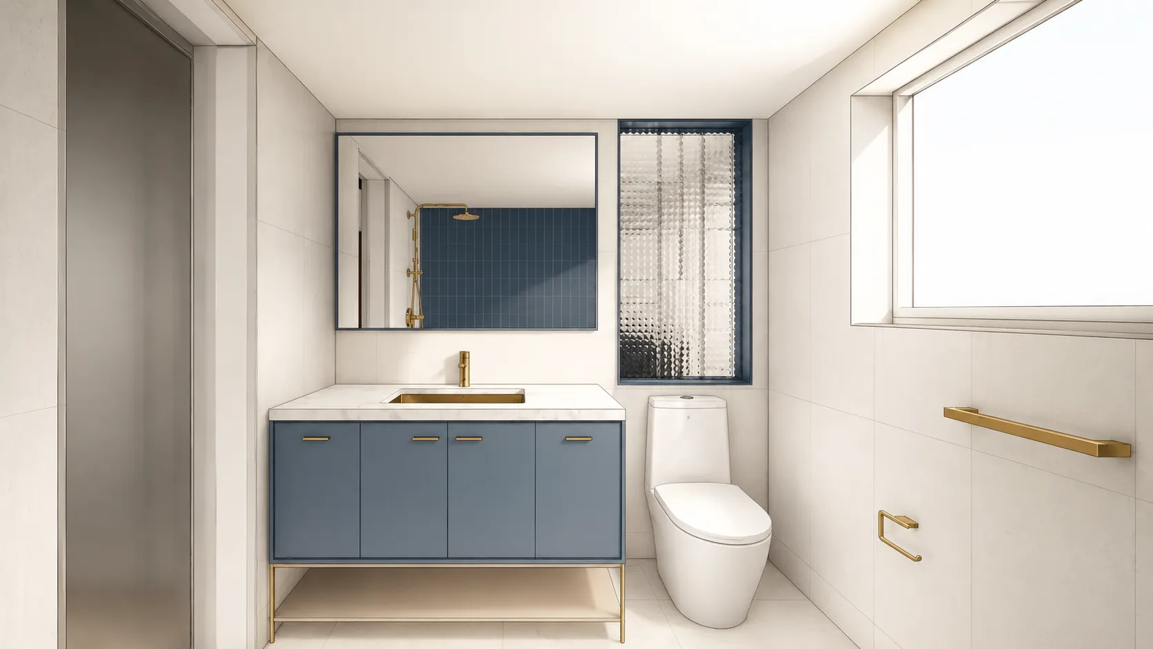 Far Rockaway bathroom with a blue vanity, a marble top, brass fixtures, and a frosted glass-block window