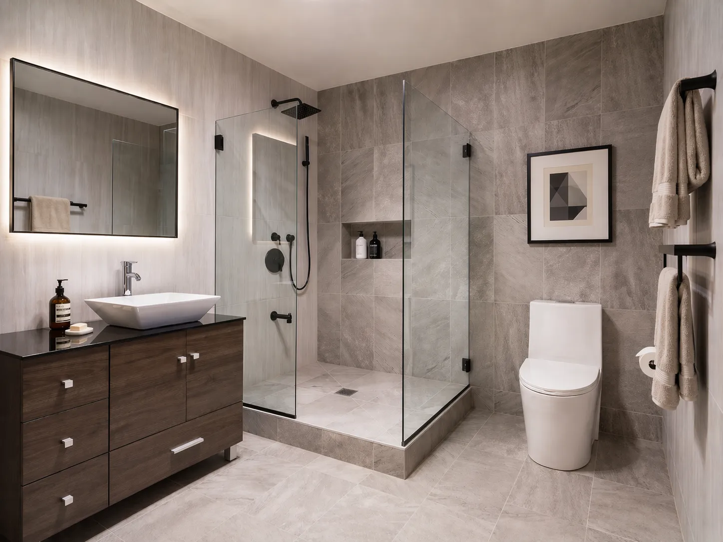 Long Island home bathroom with gray stone-look tile, a dark wood vanity, and a glass corner shower with black fixtures