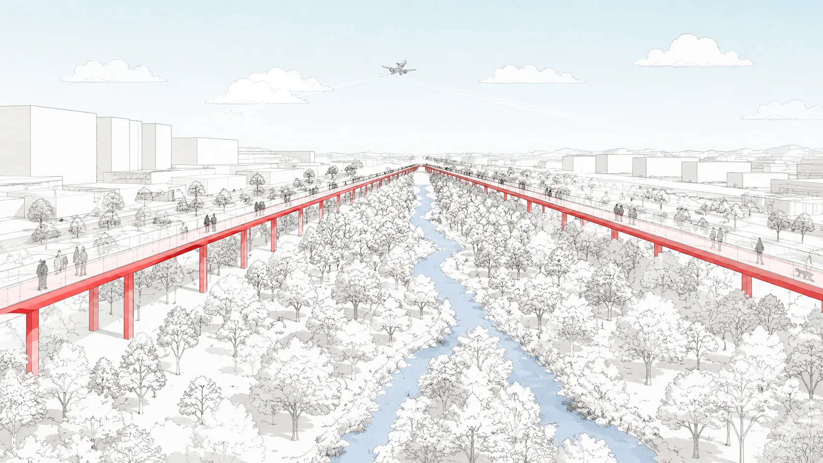 Line drawing of a red elevated walkway running along both banks of a tree-lined creek corridor in a San Jose riverfront park