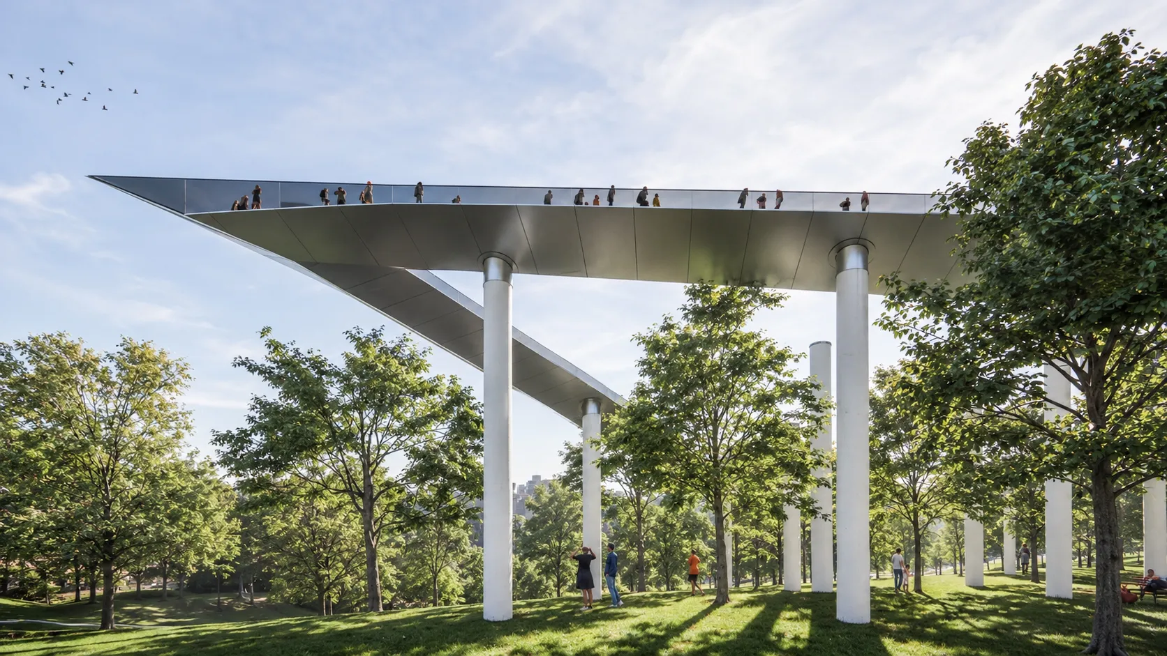 Underside of a sharp titanium-clad elevated walkway cantilevering over treetops on slender white columns in a San Jose park