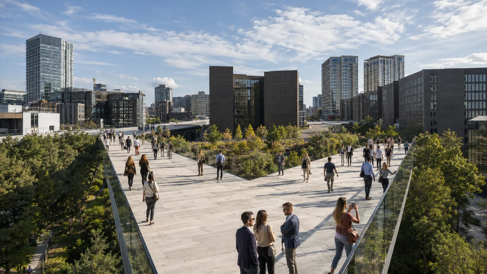 Elevated view of a wide stone-paved walkway with planted beds and glass railings as people walk, with the San Jose skyline behind