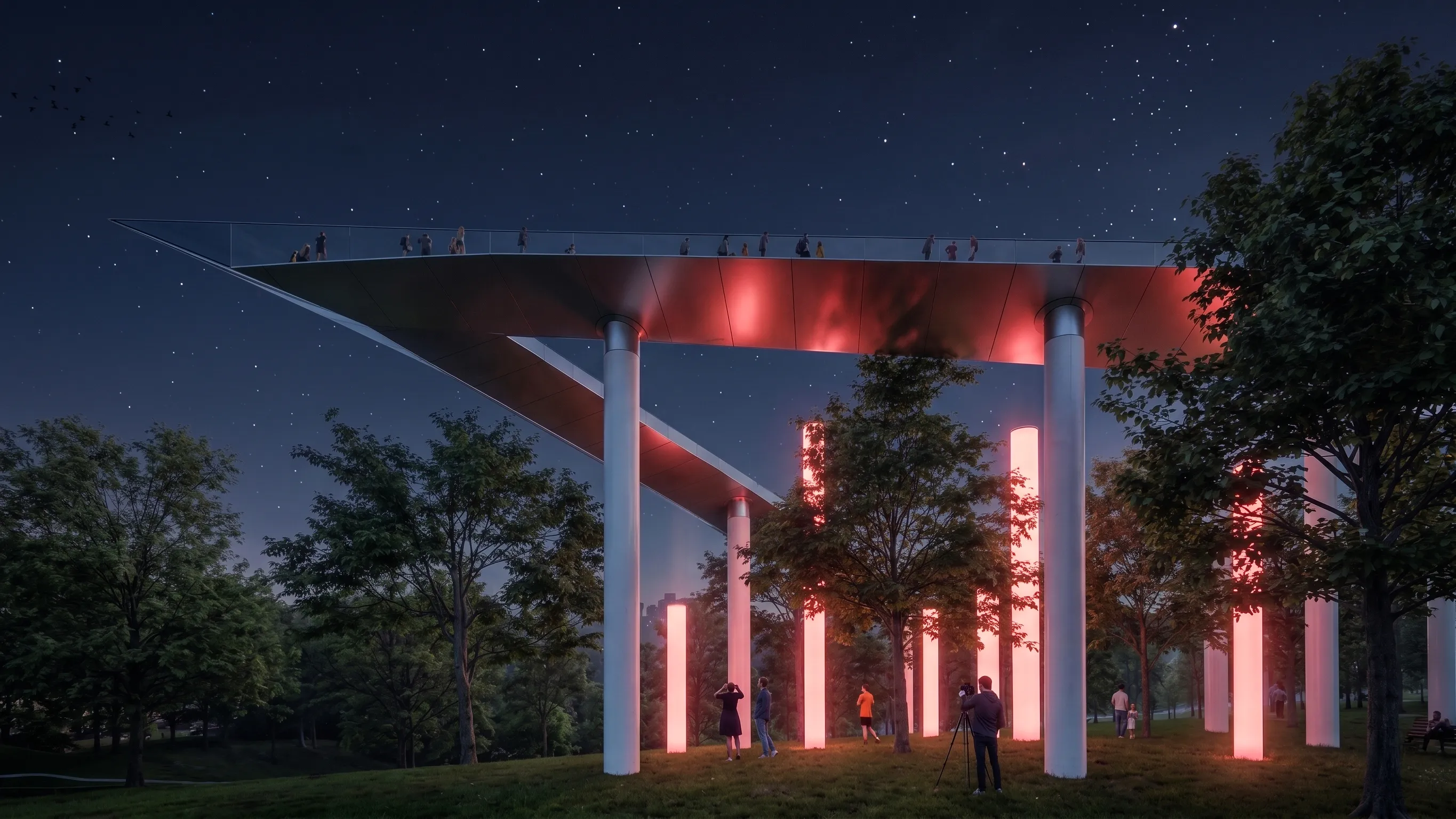 The titanium walkway at night, its white columns glowing red above a tree grove under a starry sky in San Jose