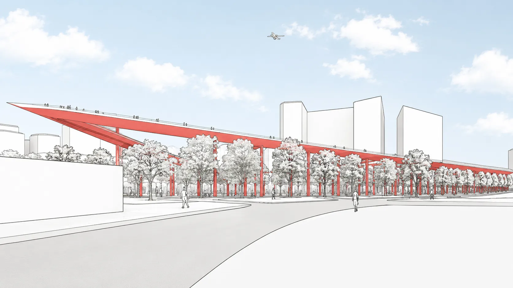 Line drawing of the red angular elevated walkway rising over a row of trees and columns in San Jose, a plane passing overhead