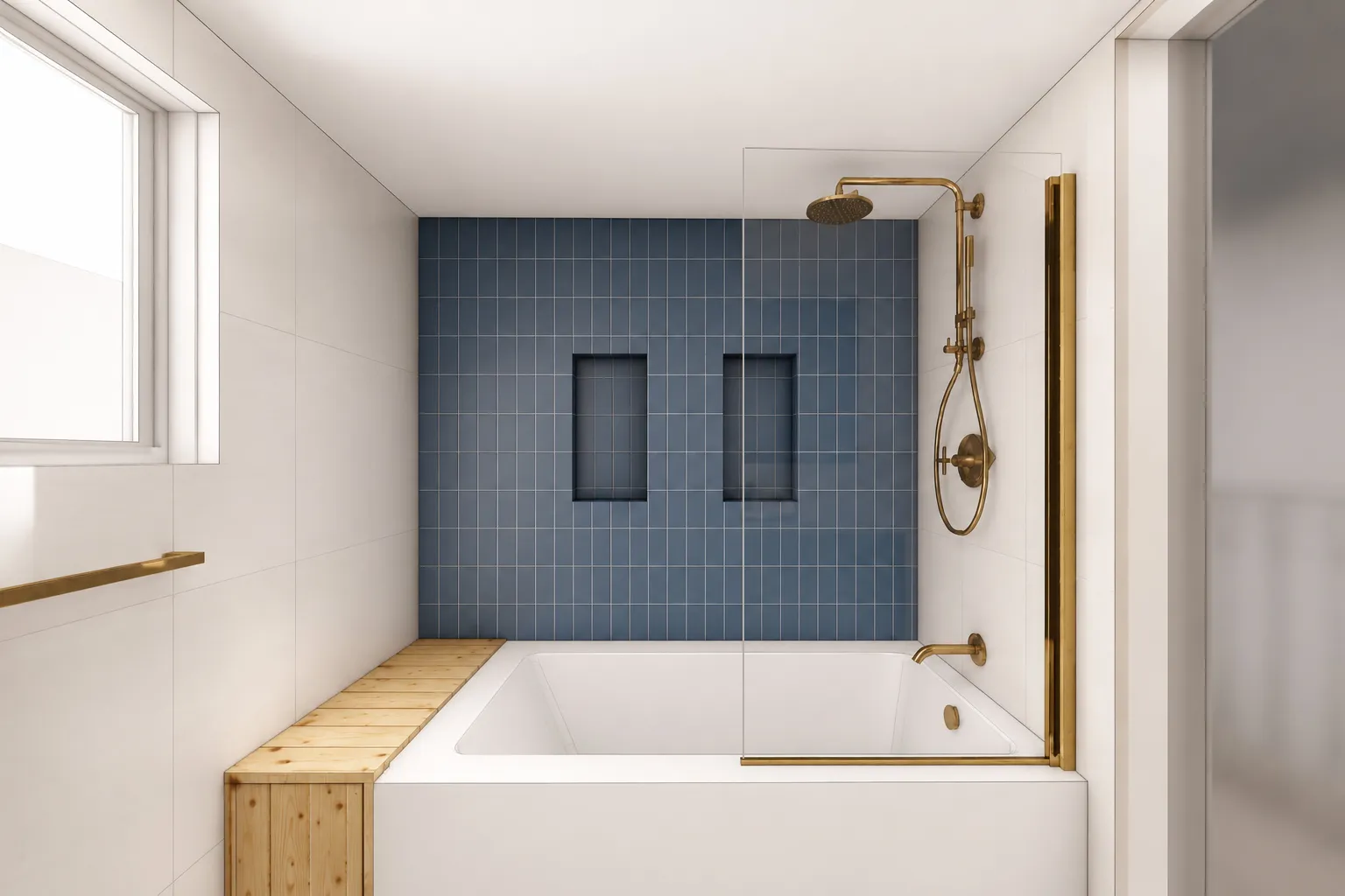 Bathroom with a deep blue tile accent wall, a white tub with a wood bench, and brass rainfall and handheld shower fixtures