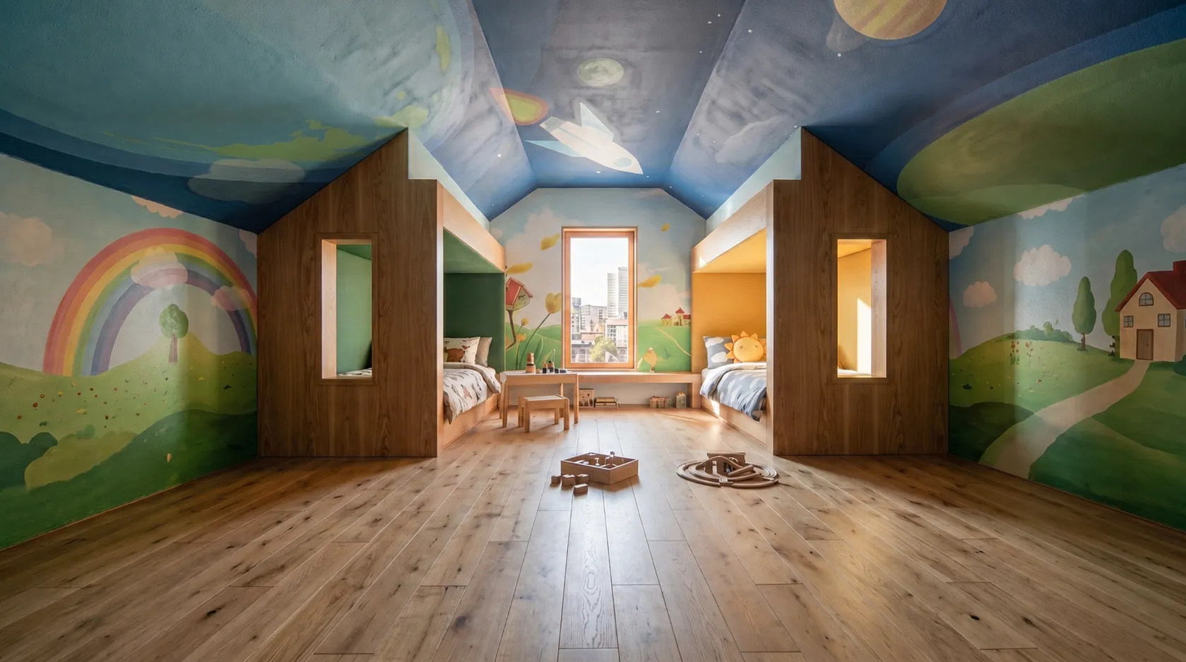 Kids' attic playroom in Far Rockaway with a painted sky ceiling, a rolling-hills mural, and two wood house-shaped bed nooks