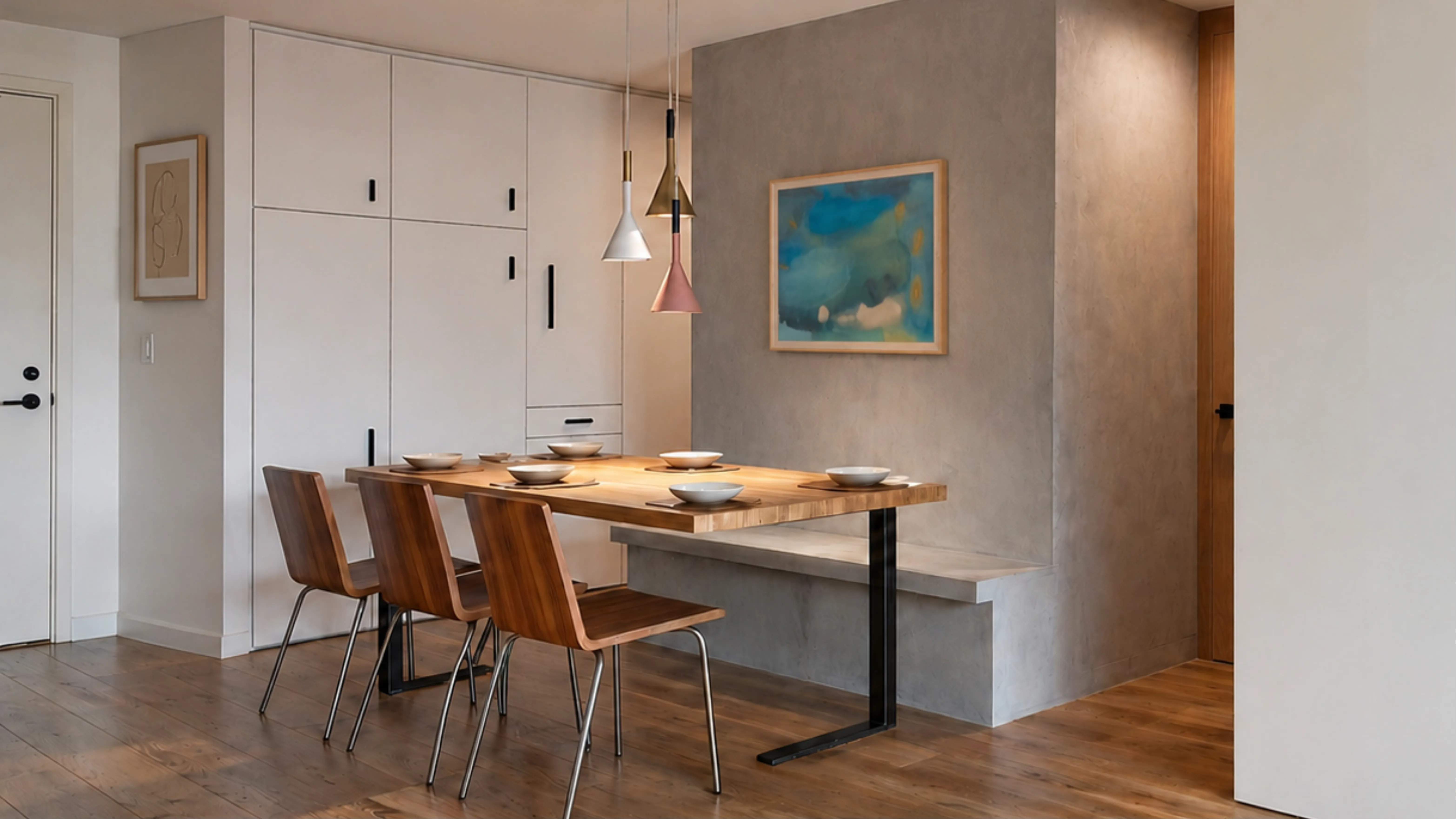  Dining nook in a historic Manhattan apartment with an oak table cantilevered from a plaster volume, walnut chairs, and a built-in bench