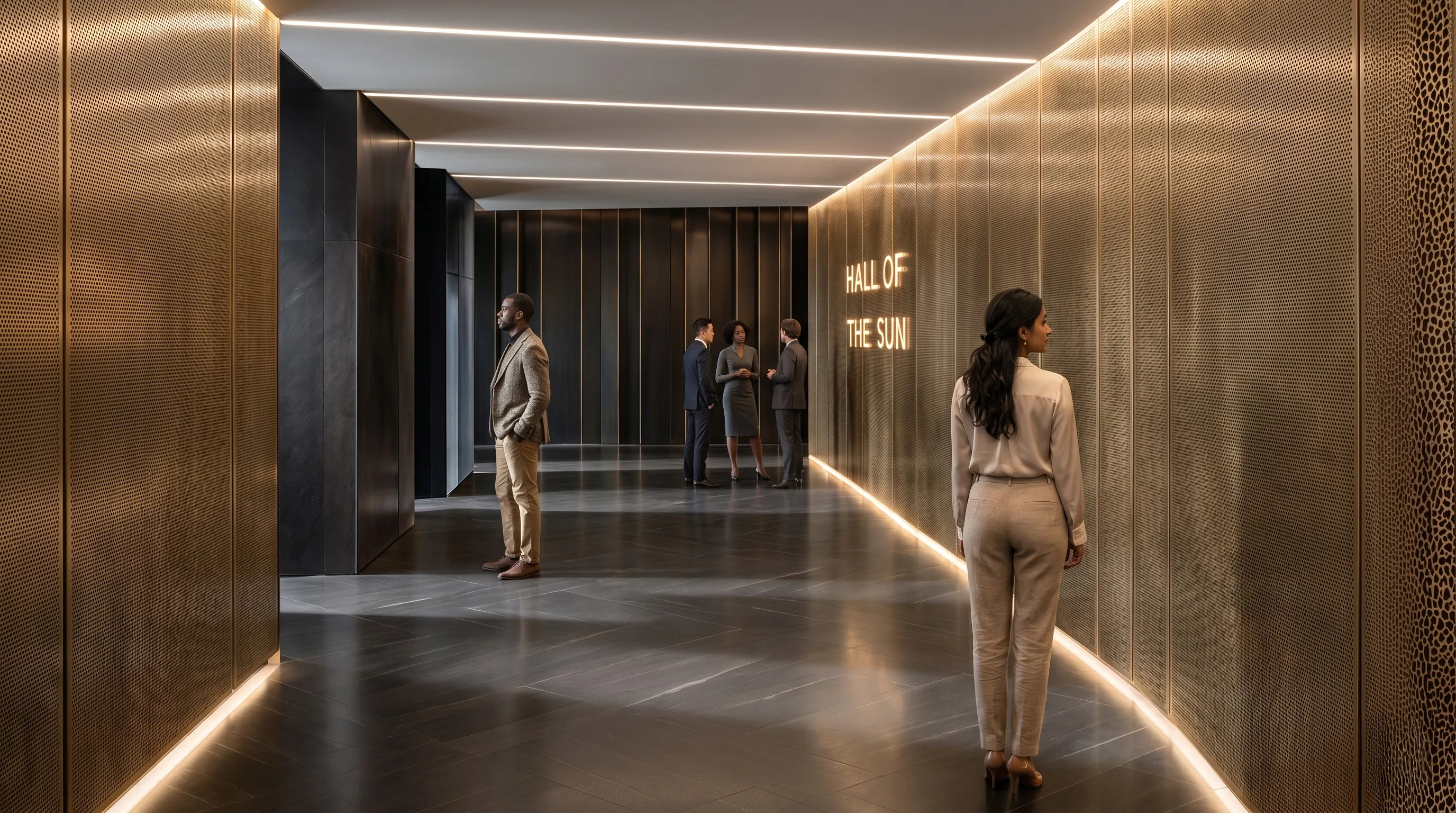 Sales center lobby with perforated bronze wall panels, cove lighting, and an illuminated wall sign