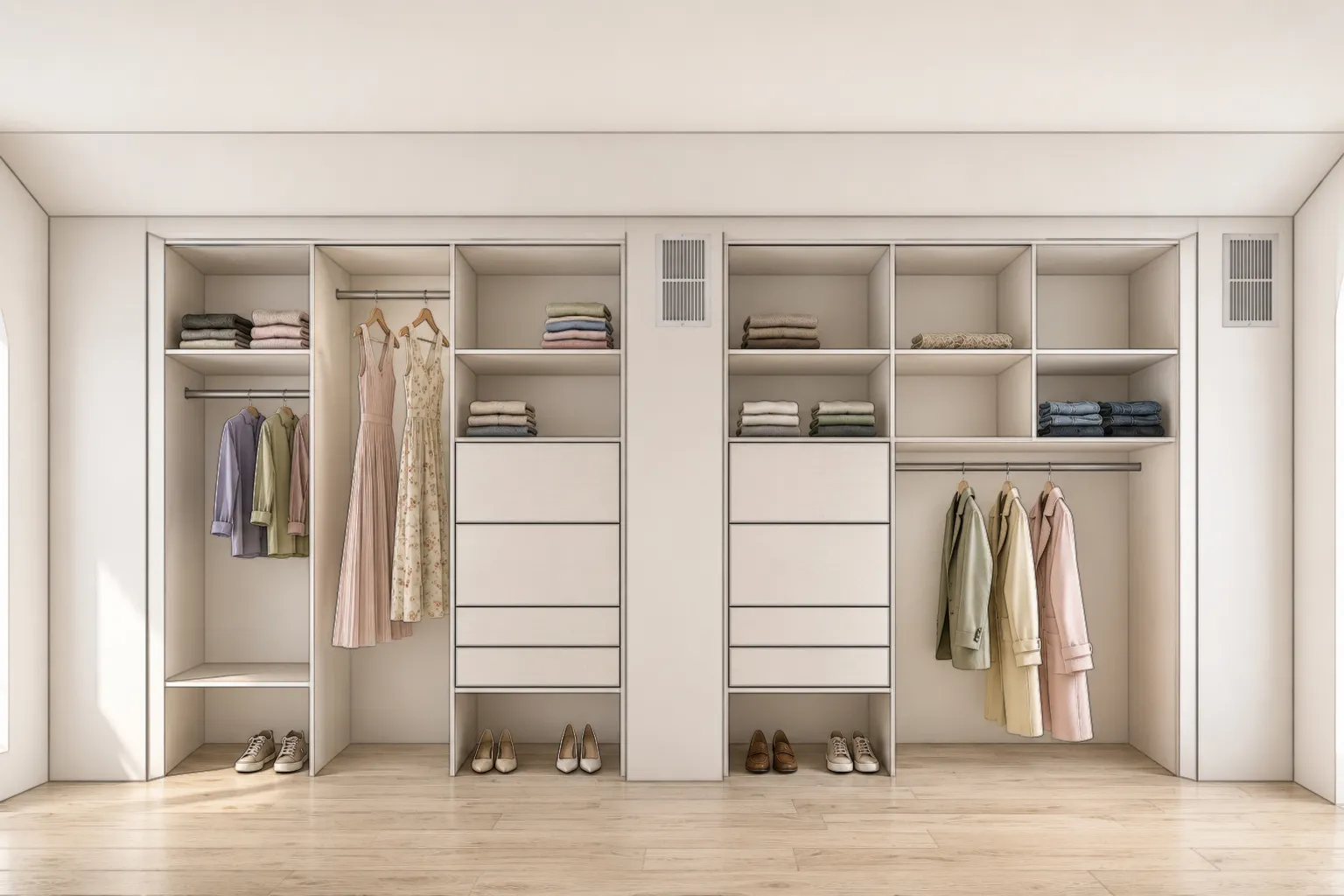 Fitted walk-in closet with built-in shelves, drawers, and hanging space in a Far Rockaway attic renovation