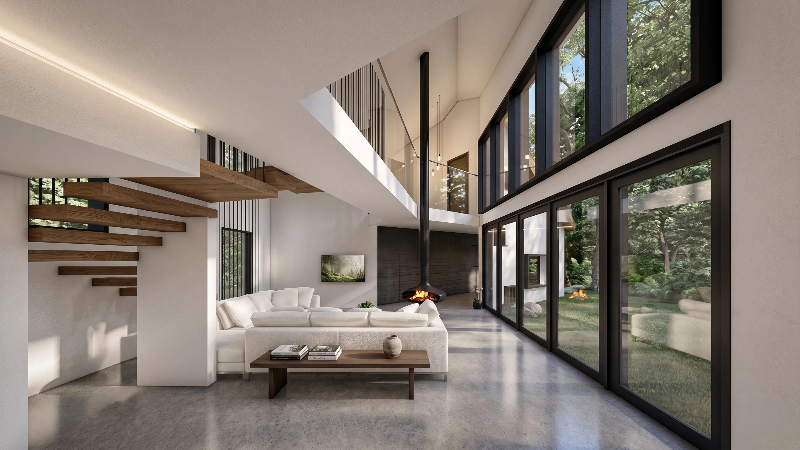 Double-height living room of a Staatsburg forest home with a floating wood stair, a suspended fireplace, and a glass wall to the forest