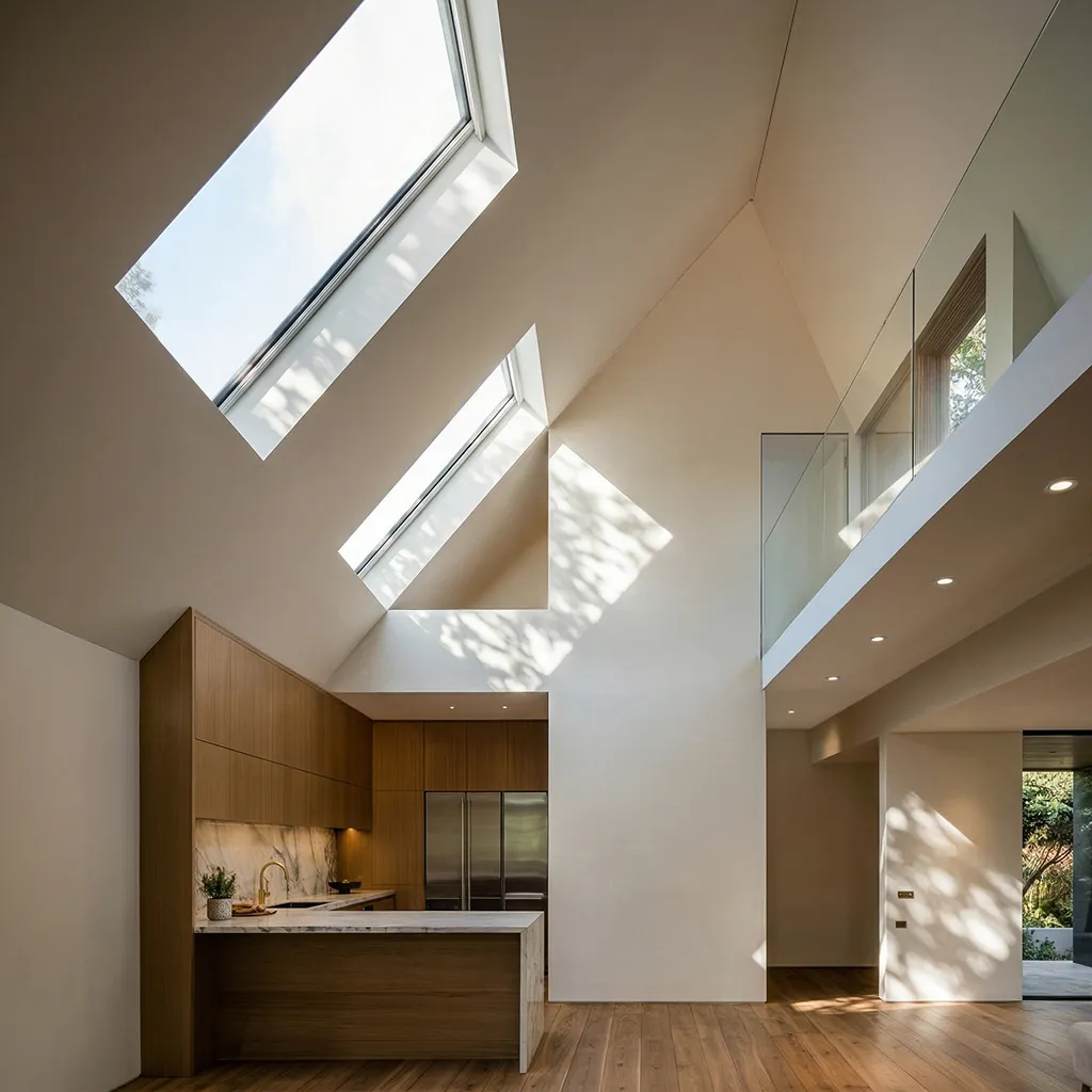 Double-height East Hampton kitchen with angled skylights washing a sloped ceiling above wood cabinetry and a marble island