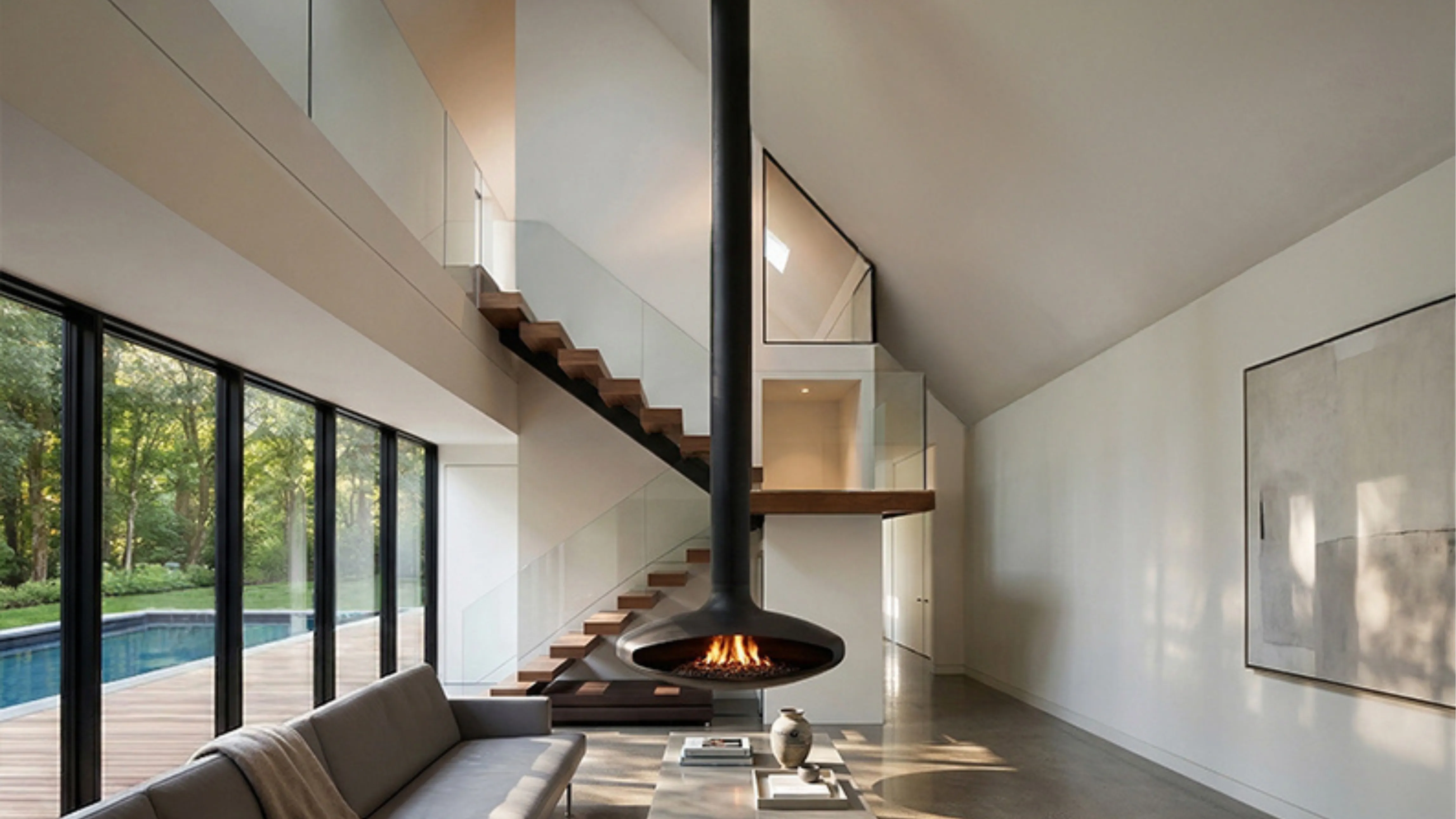 Double-height living room with a suspended black fireplace, a floating wood stair, and a glass wall to the pool in an East Hampton home
