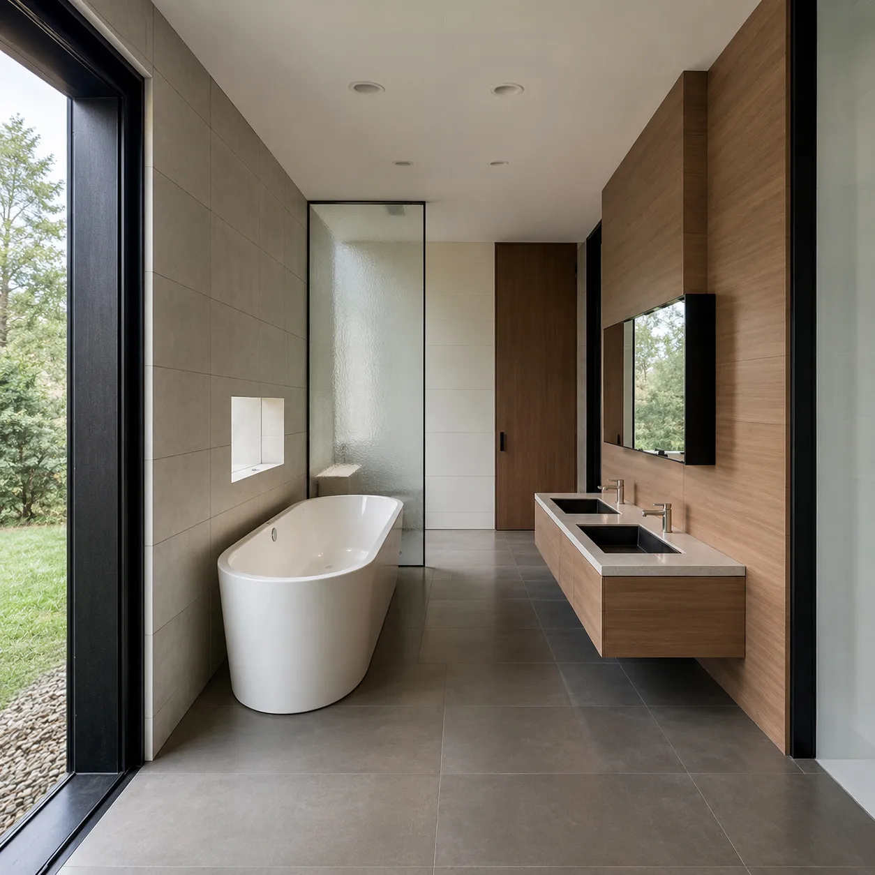  East Hampton primary bathroom with a freestanding soaking tub by a forest-view window, stone tile, and a floating wood double vanity