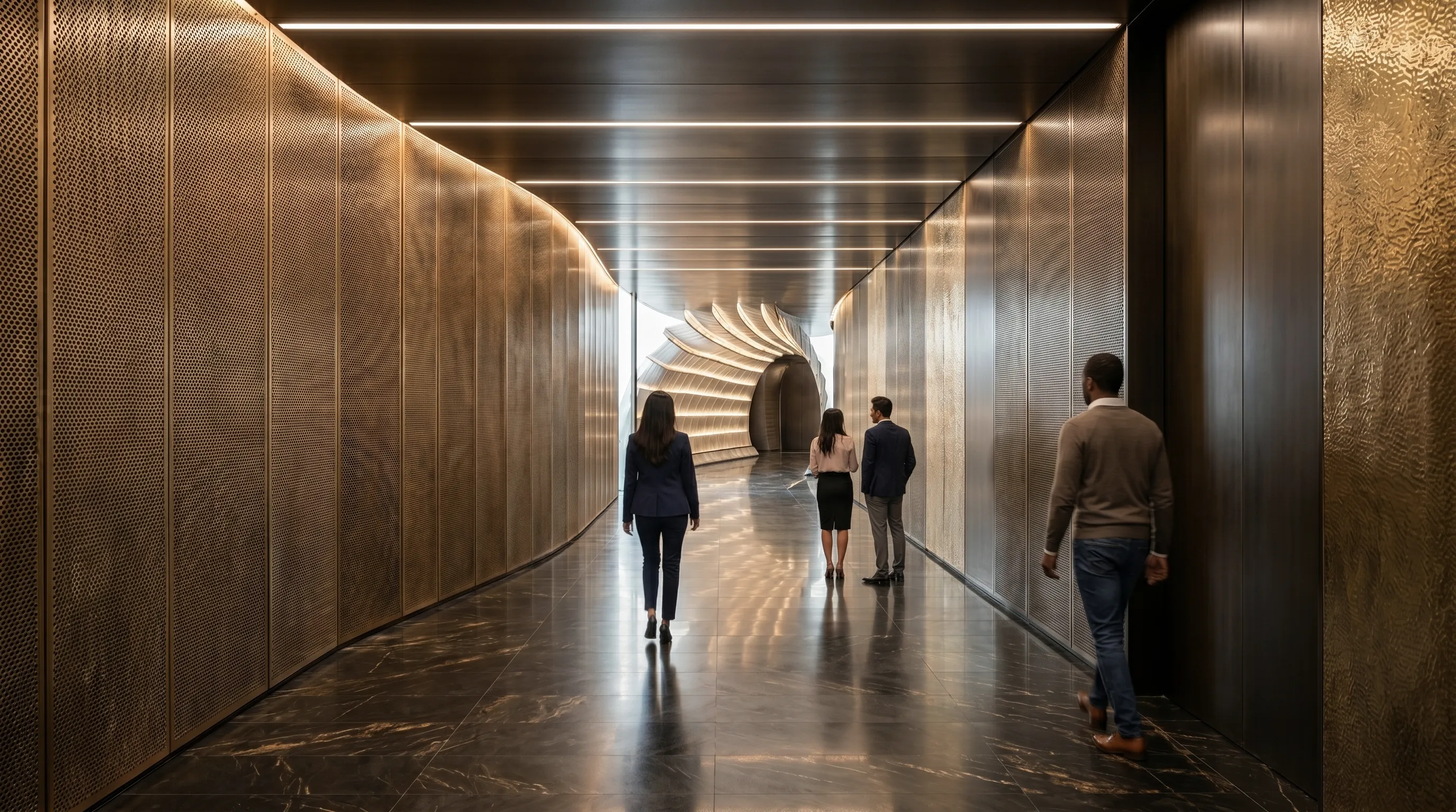Curving corridor lined with perforated bronze panels and linear ceiling lights leading to a lit portal
