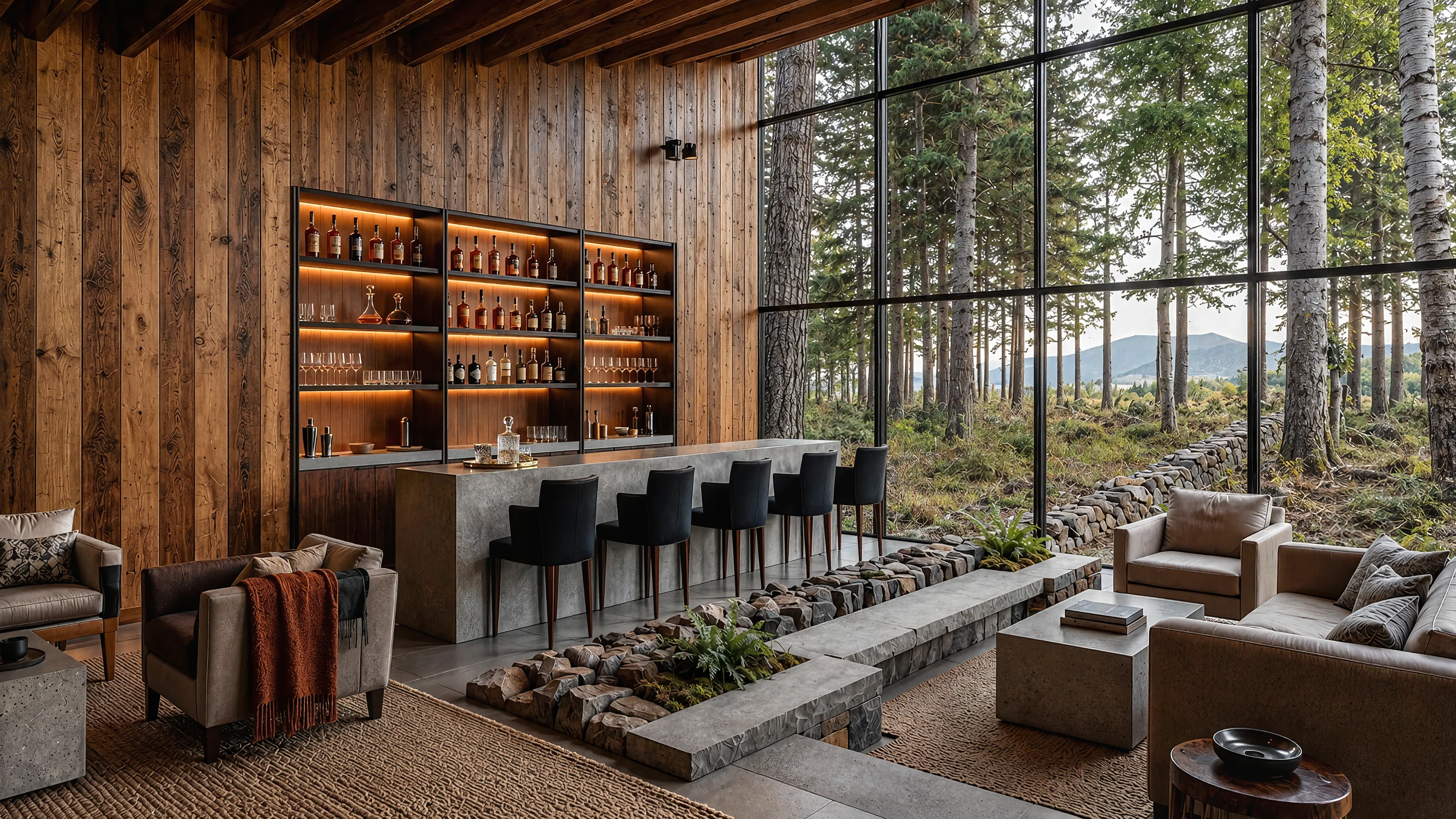 Lounge and bar with reclaimed-wood walls, a concrete bar, and a stone water channel facing forest views in the Hudson Valley