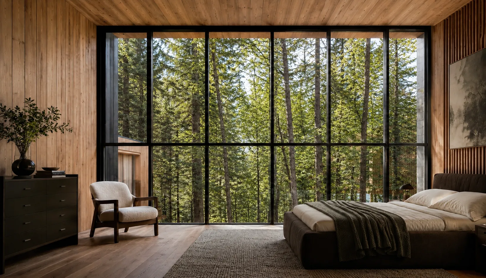 Elevated wood walkway winding between timber-clad cabins among birch trees at a Hudson Valley forest retreat