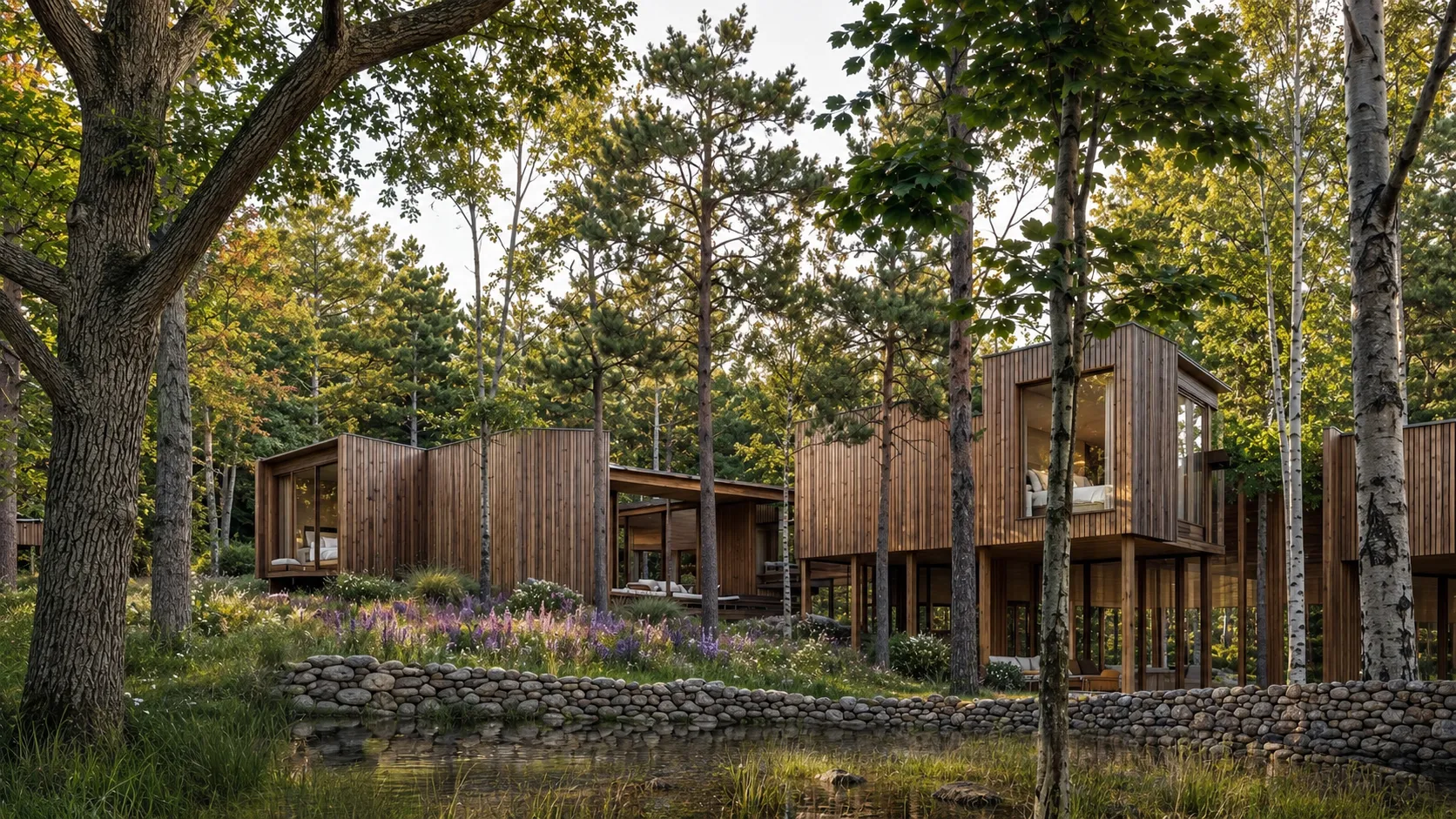Timber-clad cabins raised on slender stilts among trees above a stone-edged pond near Woodstock, New York