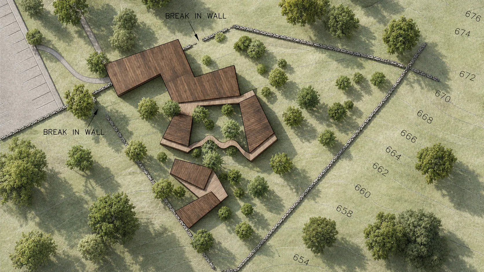 Aerial site plan of timber cabins and connecting walkways set within a wooded lot edged by a stone wall in the Hudson Valley