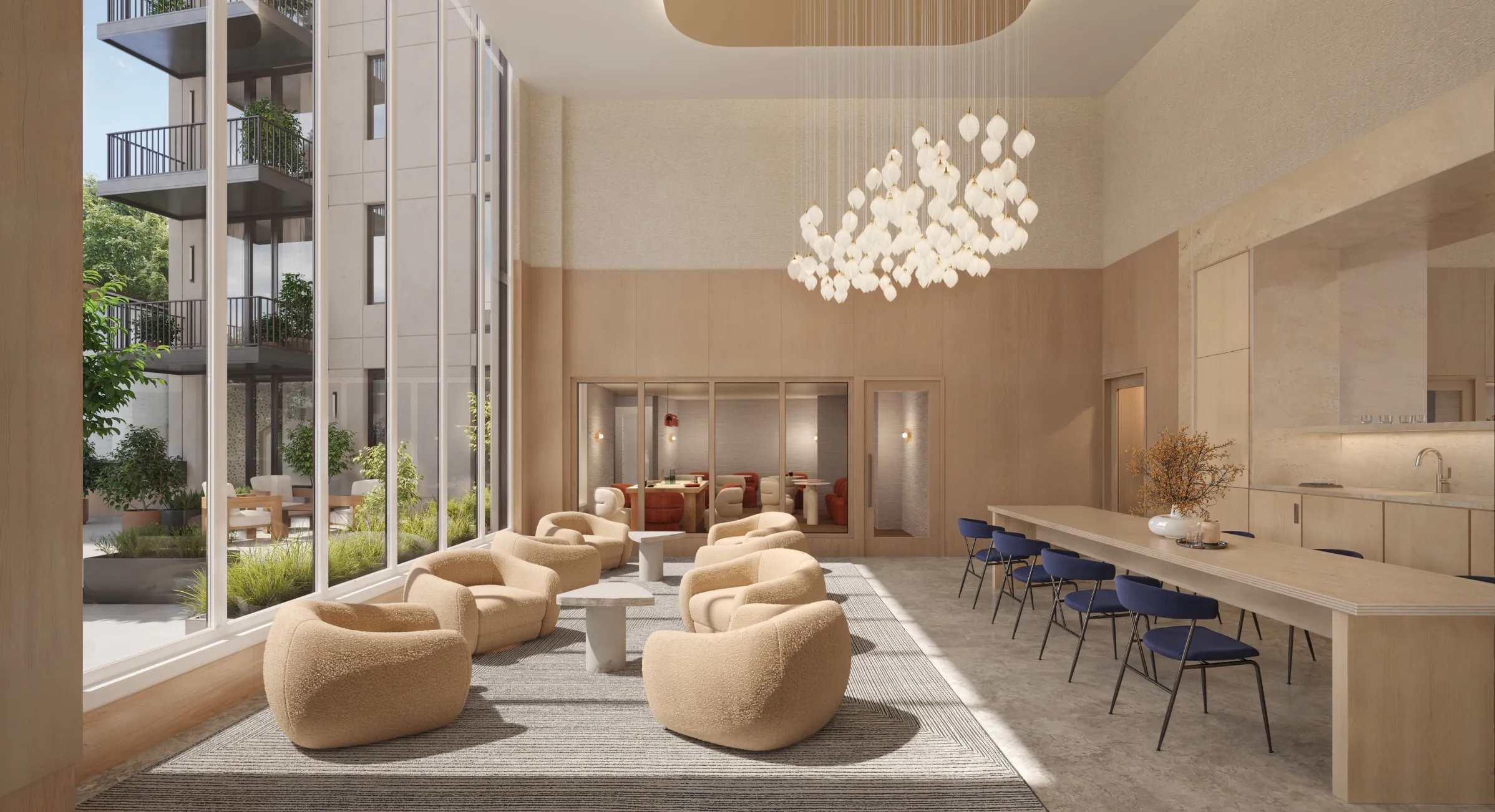 Resident amenity lounge with bouclé chairs and a blossom chandelier overlooking a planted courtyard in Astoria, New York