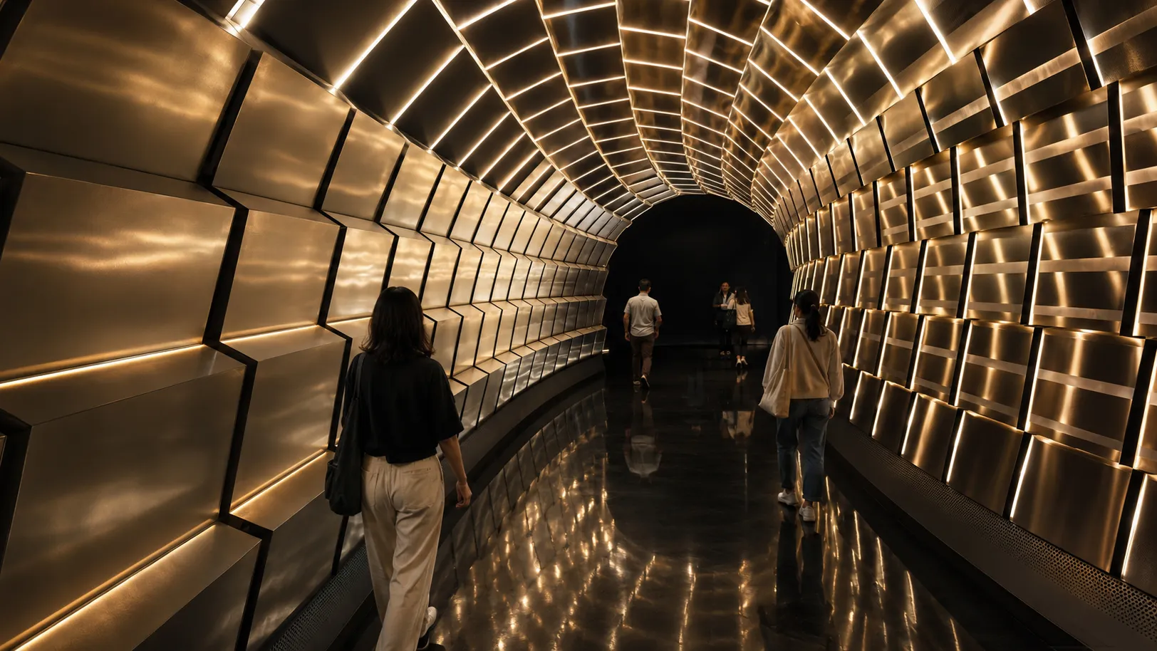Illuminated tunnel walkway lined with backlit metallic panels in a ribbed arch at a Shanghai exhibition center