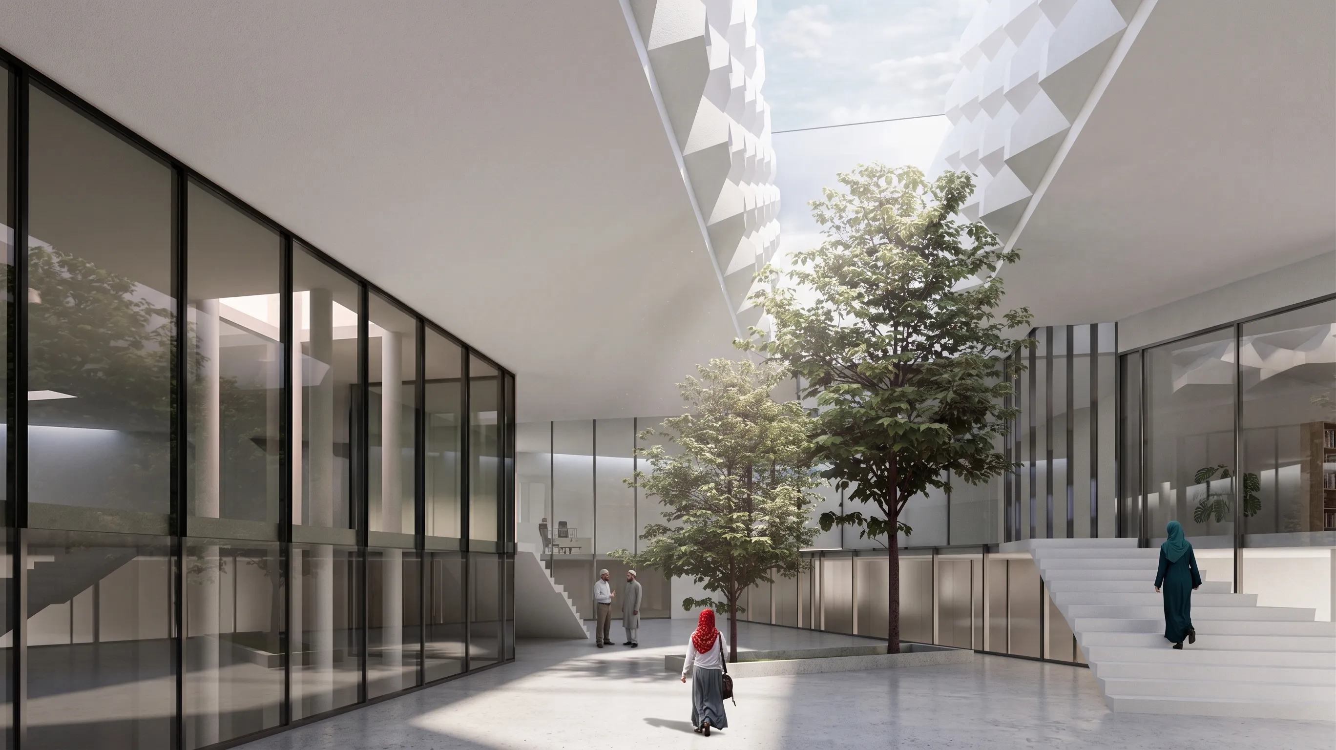 Library courtyard atrium with full-height glazing, interior trees, and white staircases beneath skylights in Sakaka, Saudi Arabia