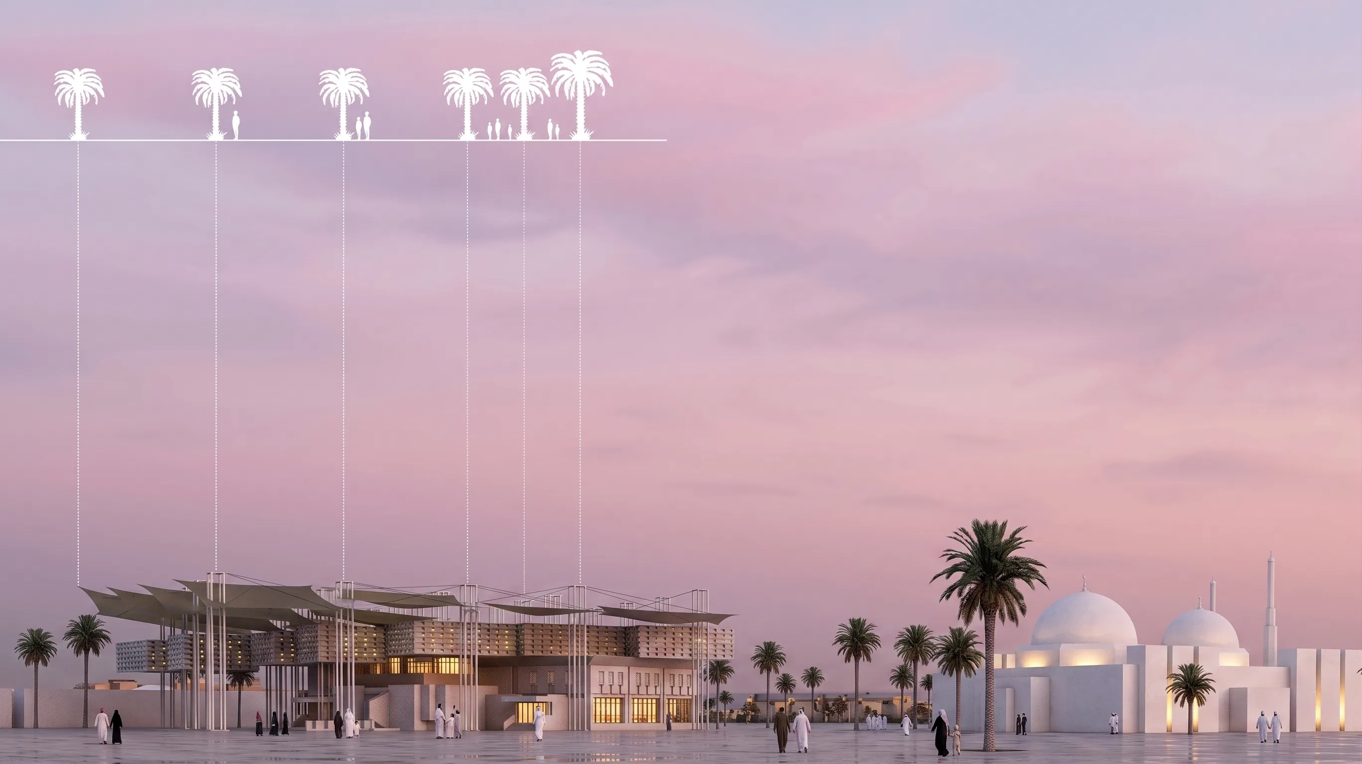 Dusk elevation of a desert library under tensile shade canopies beside a domed mosque in Sakaka, Saudi Arabia