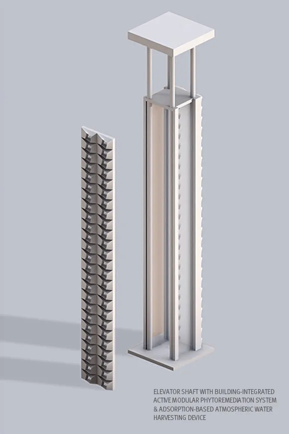 Diagram of an elevator shaft with integrated phytoremediation and atmospheric water-harvesting modules for a Sakaka library