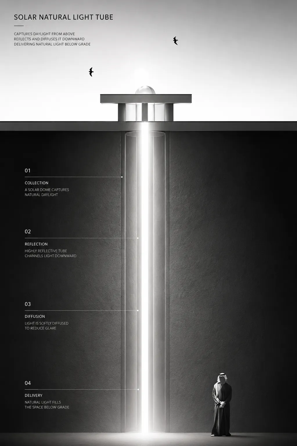 Diagram of a solar light tube capturing daylight and diffusing it below grade in a Sakaka, Saudi Arabia desert library