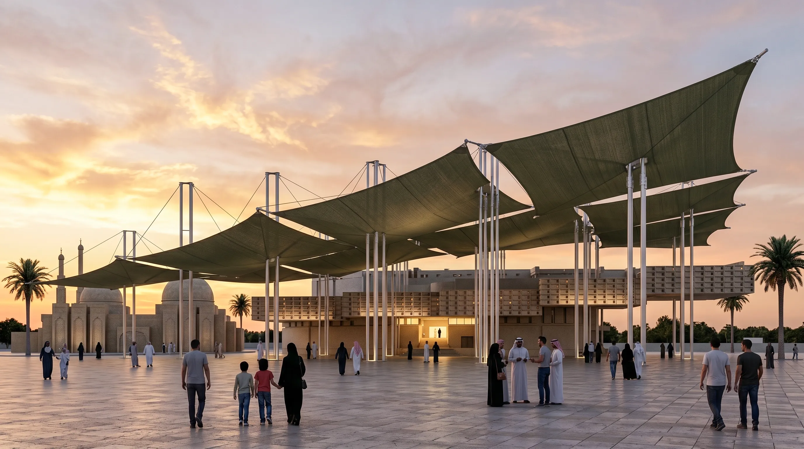 Public plaza with large tensile shade canopies on slender masts over a stone desert library at dusk in Sakaka, Saudi Arabia