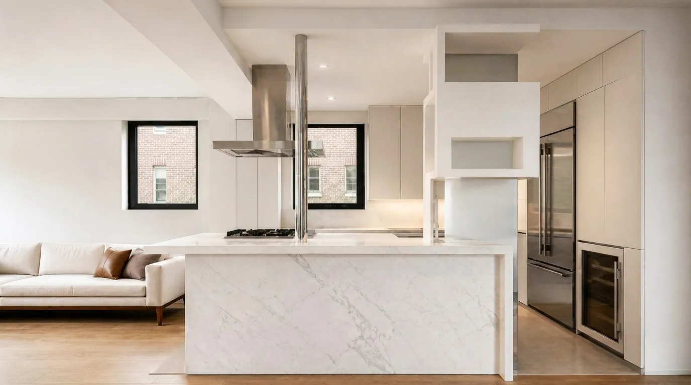 Open Upper East Side kitchen and living room with a marble waterfall island, stainless hood, cream sofa, and warm oak floors