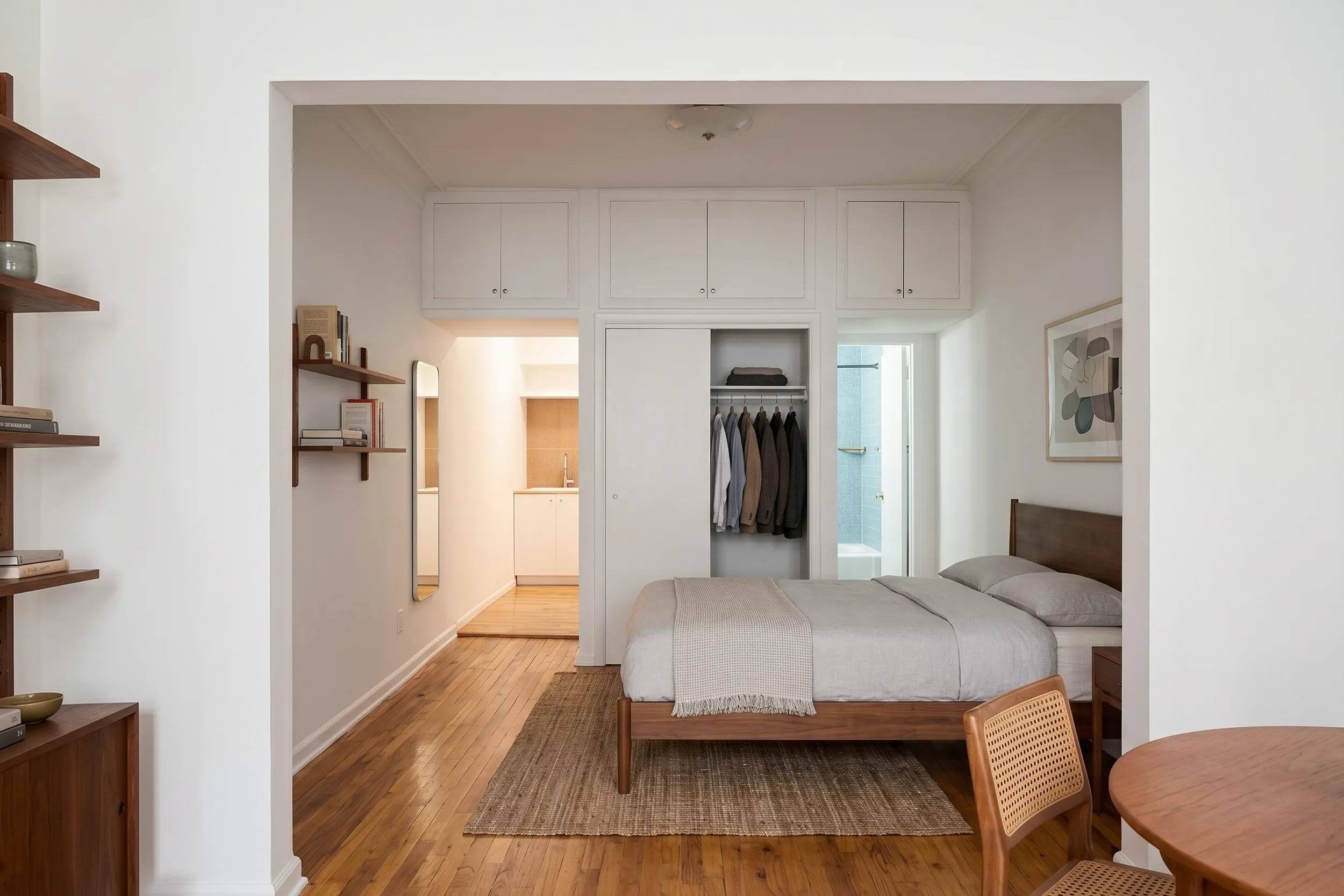 Sleeping alcove of a Prospect Heights studio with built-in storage, a walnut bed, and the kitchen and bath beyond