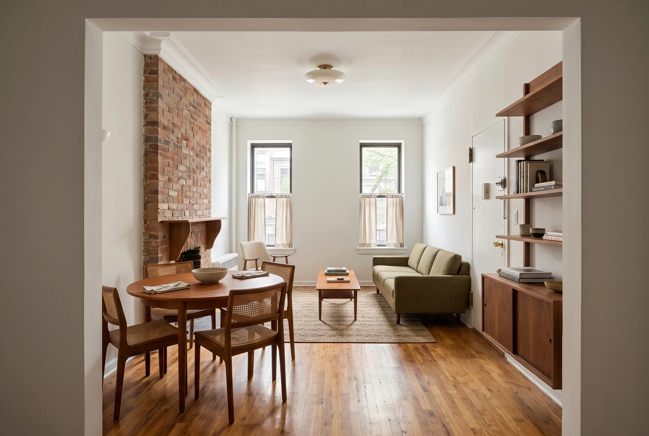 Prewar Prospect Heights studio with an exposed brick fireplace, a walnut dining table, a green sofa, and built-in walnut shelving
