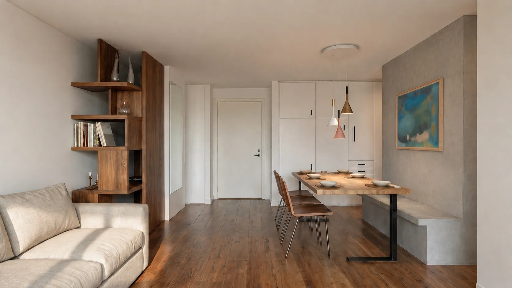 Open living and dining area of a compact Manhattan apartment with a sculpted walnut shelving unit, a cream sofa, and an oak dining table