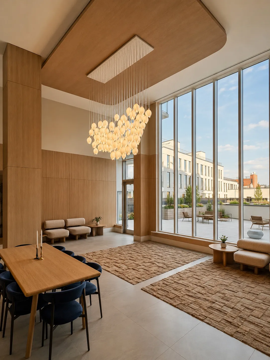 Double-height residential lobby with wood paneling, a blossom chandelier, and a landscaped terrace in Astoria, New York