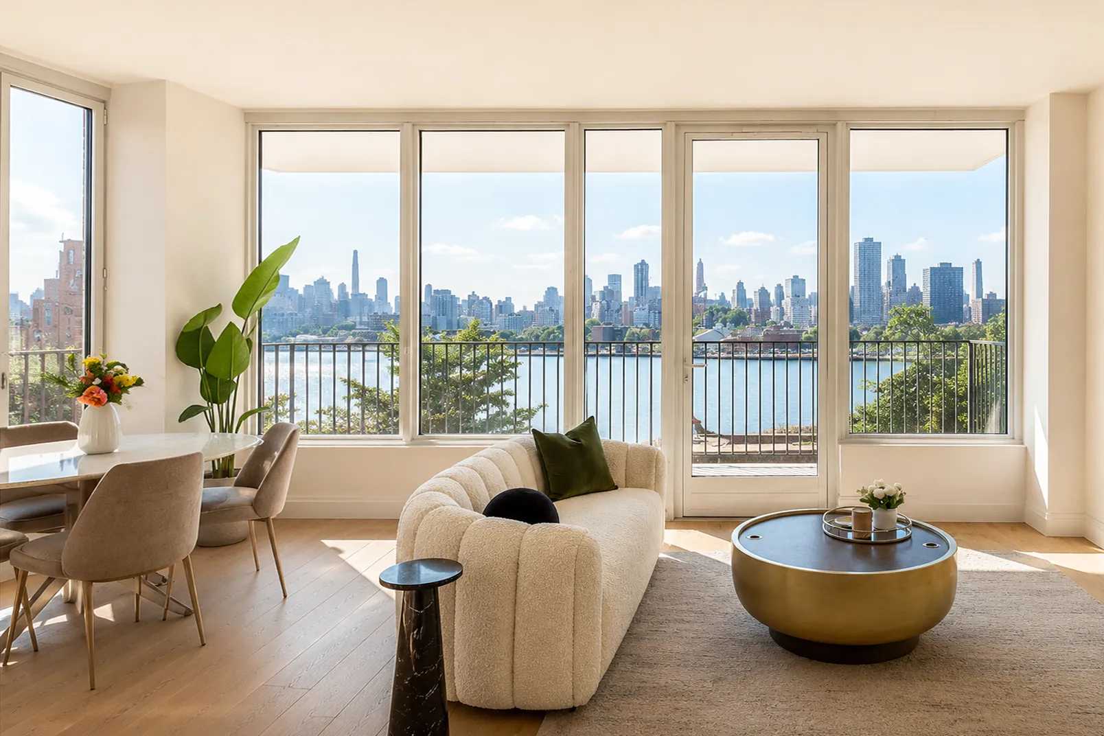 Astoria condo living room with a bouclé sofa and floor-to-ceiling windows framing the East River and Manhattan skyline