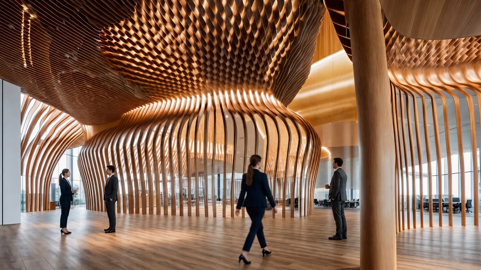 Office and showroom interior with a sculptural parametric wood-slat ceiling and curved fin partitions 