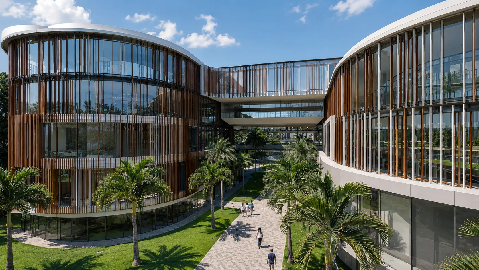 Courtyard between curved resort buildings with vertical wood louvers and glass facades among palms