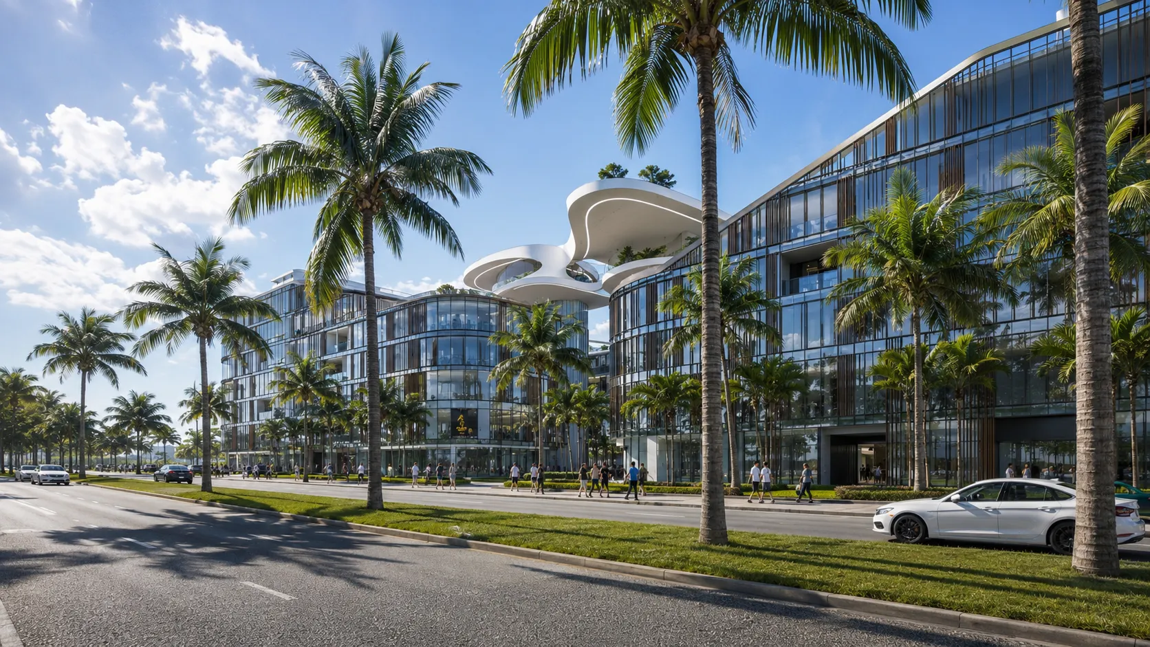 Street view of a curved glass resort facade with vertical wood fins and a sculptural rooftop canopy
