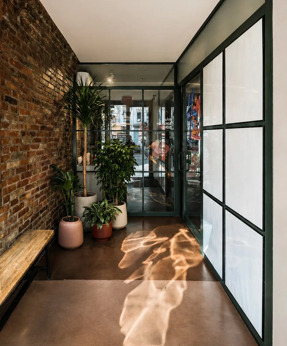 Restaurant entry vestibule with exposed brick, potted plants, and black-framed glass doors in Manhattan