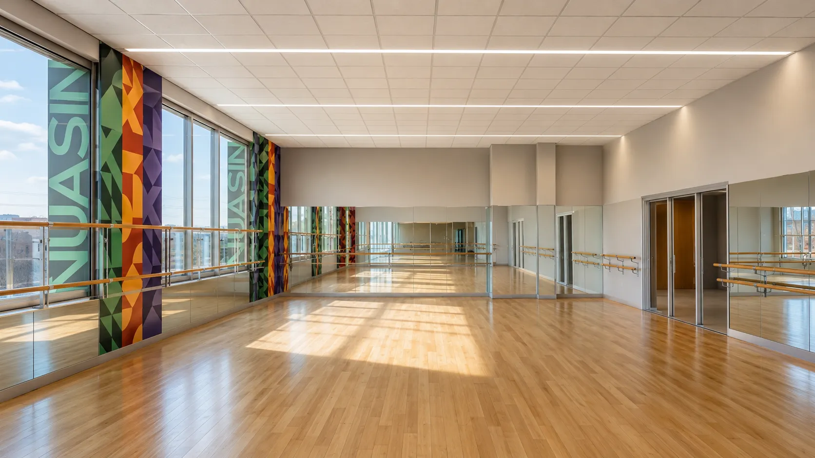 School dance studio with a mirrored wall, ballet barres, and floor-to-ceiling windows with color graphics in the Bronx