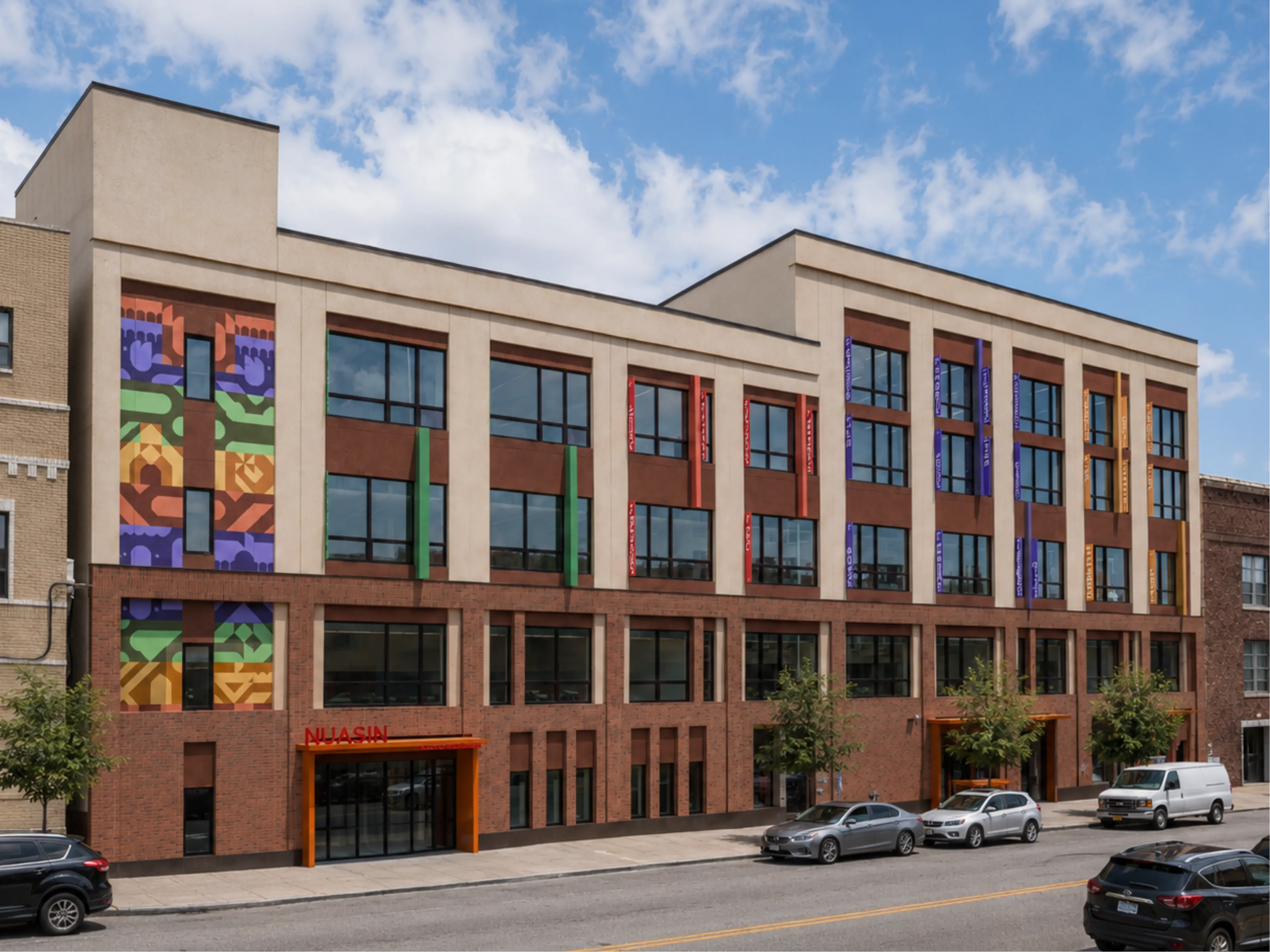 Civic building exterior at street level.