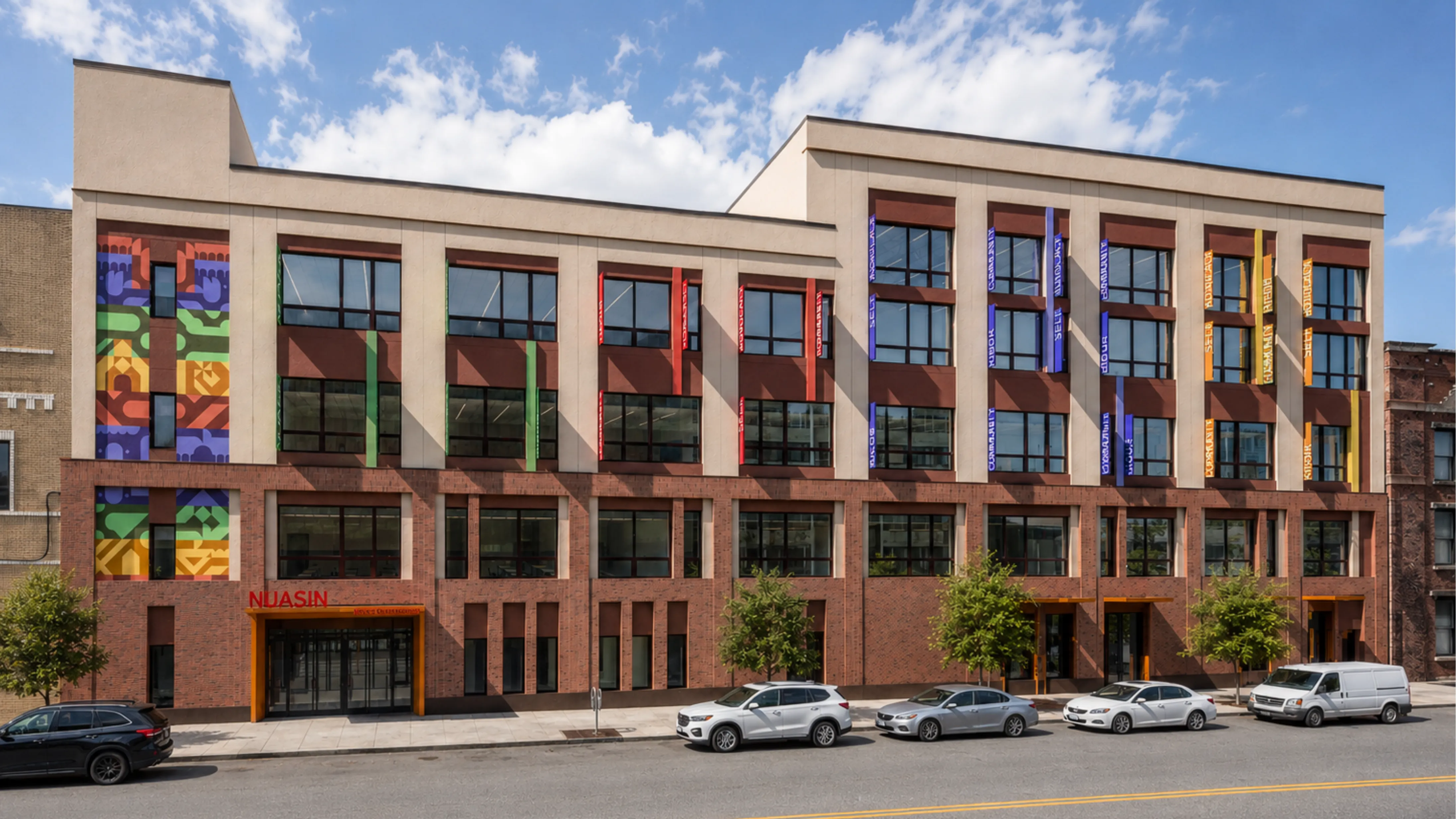 Four-story brick K-12 school facade with a colorful geometric mural and vertical color graphics in the Bronx, New York
