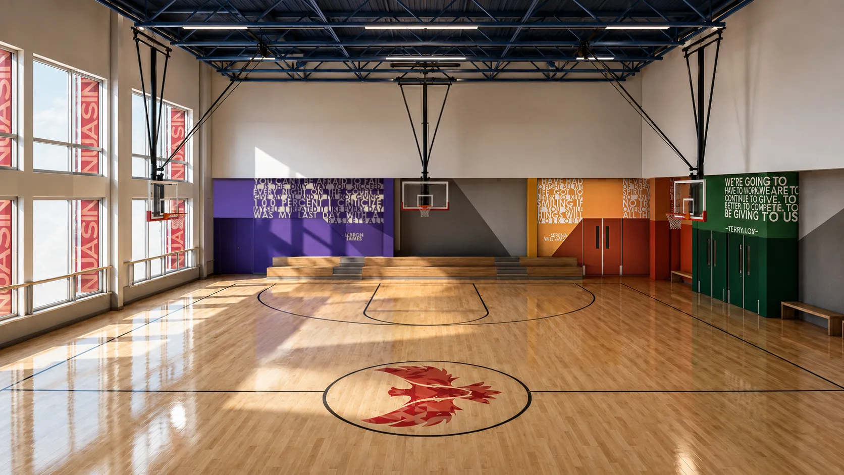 School gymnasium with a wood basketball court and color-coded padded walls bearing motivational quotes in the Bronx