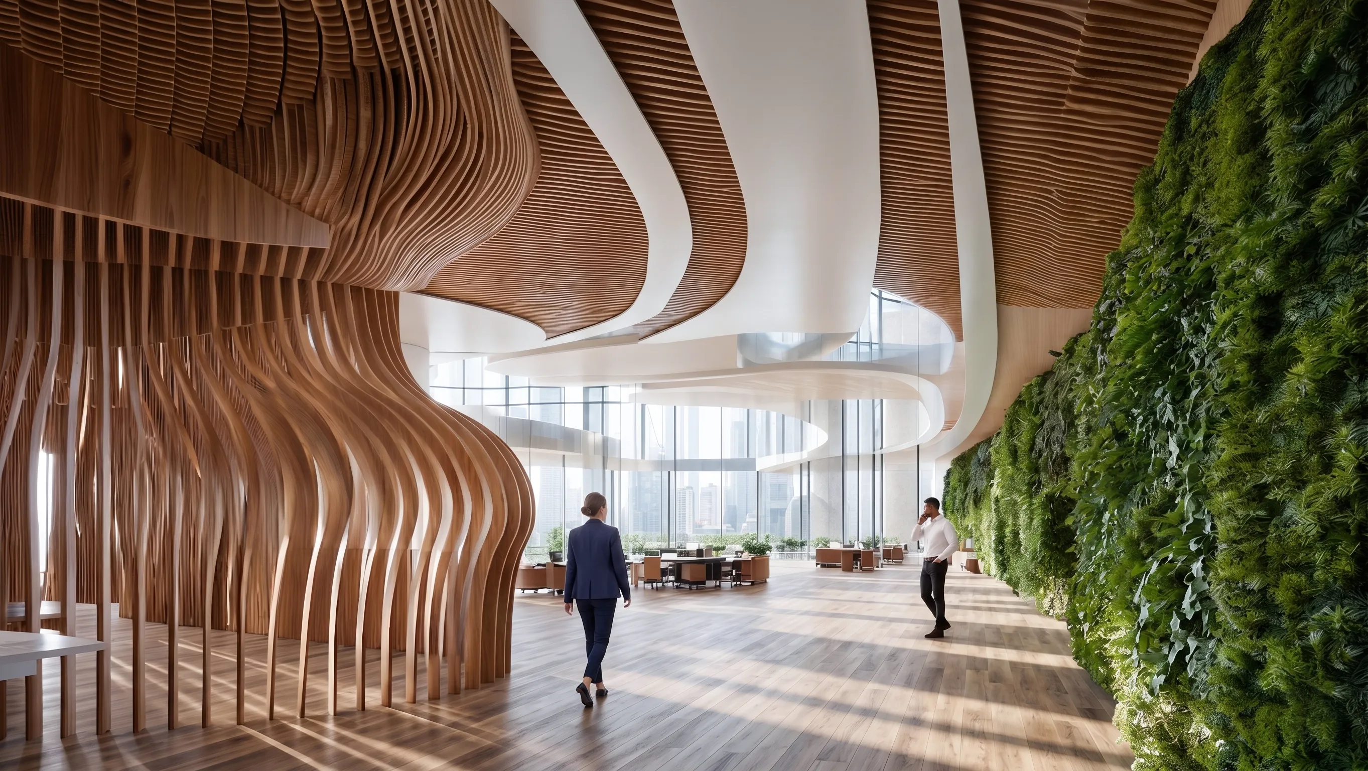 Office interior with undulating wood-fin partitions, a slatted ceiling, and a living green wall over city views 
