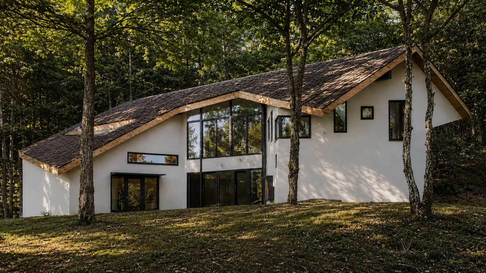 White stucco forest house in Staatsburg with a folded wood-shingle roof and a cantilevered wood bay, set on a wooded Hudson Valley slope