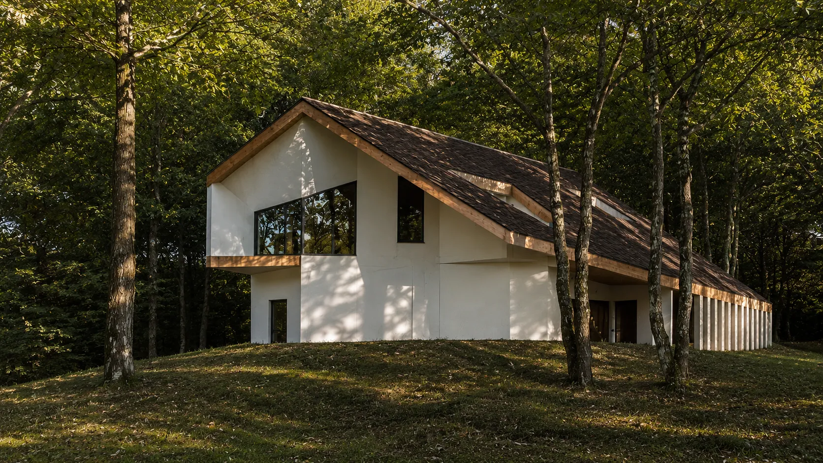 Staatsburg forest house with a white stucco gable and wood-shingle roof sweeping down to a slender post colonnade among the trees