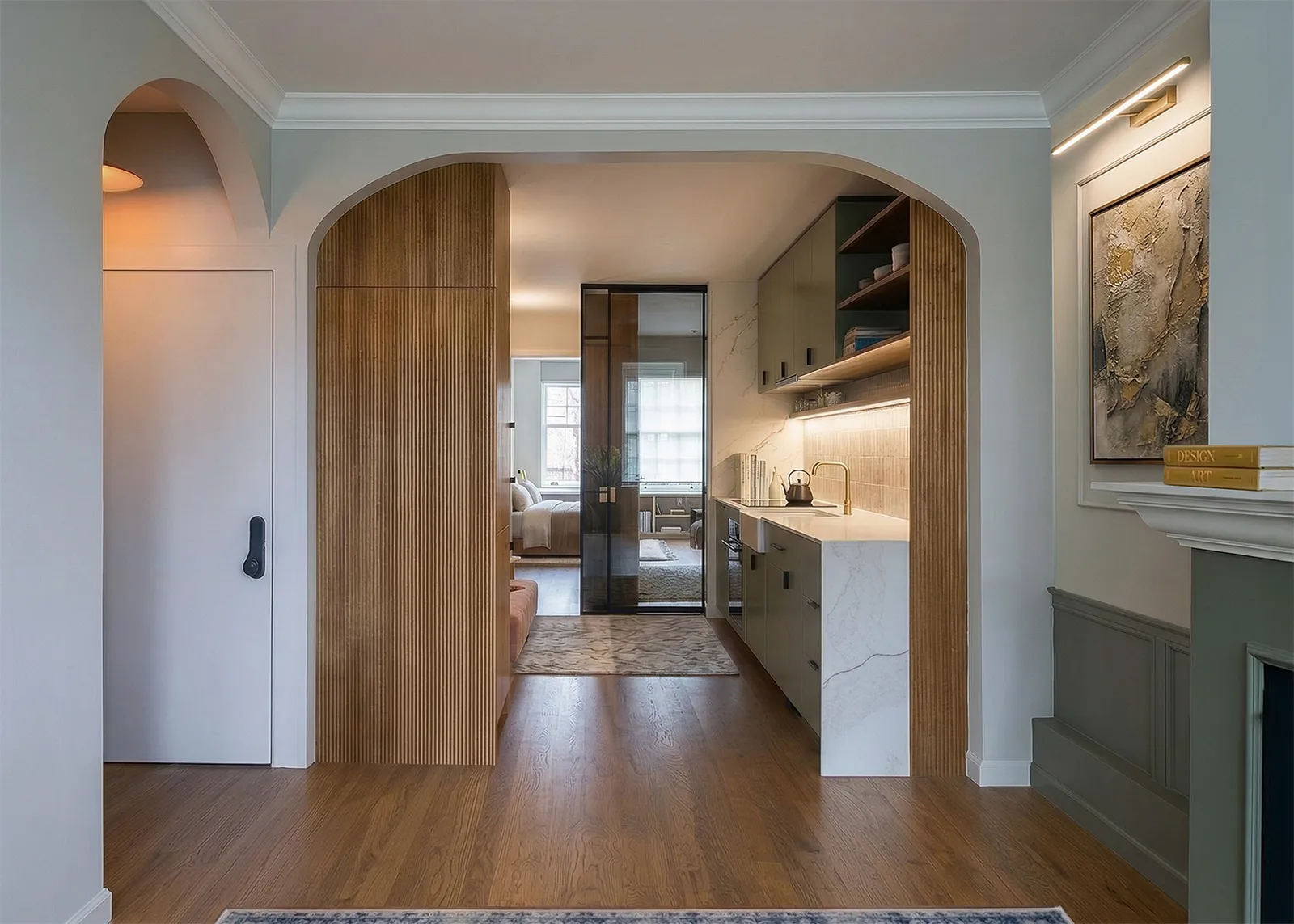 Archway entry for railroad apartment