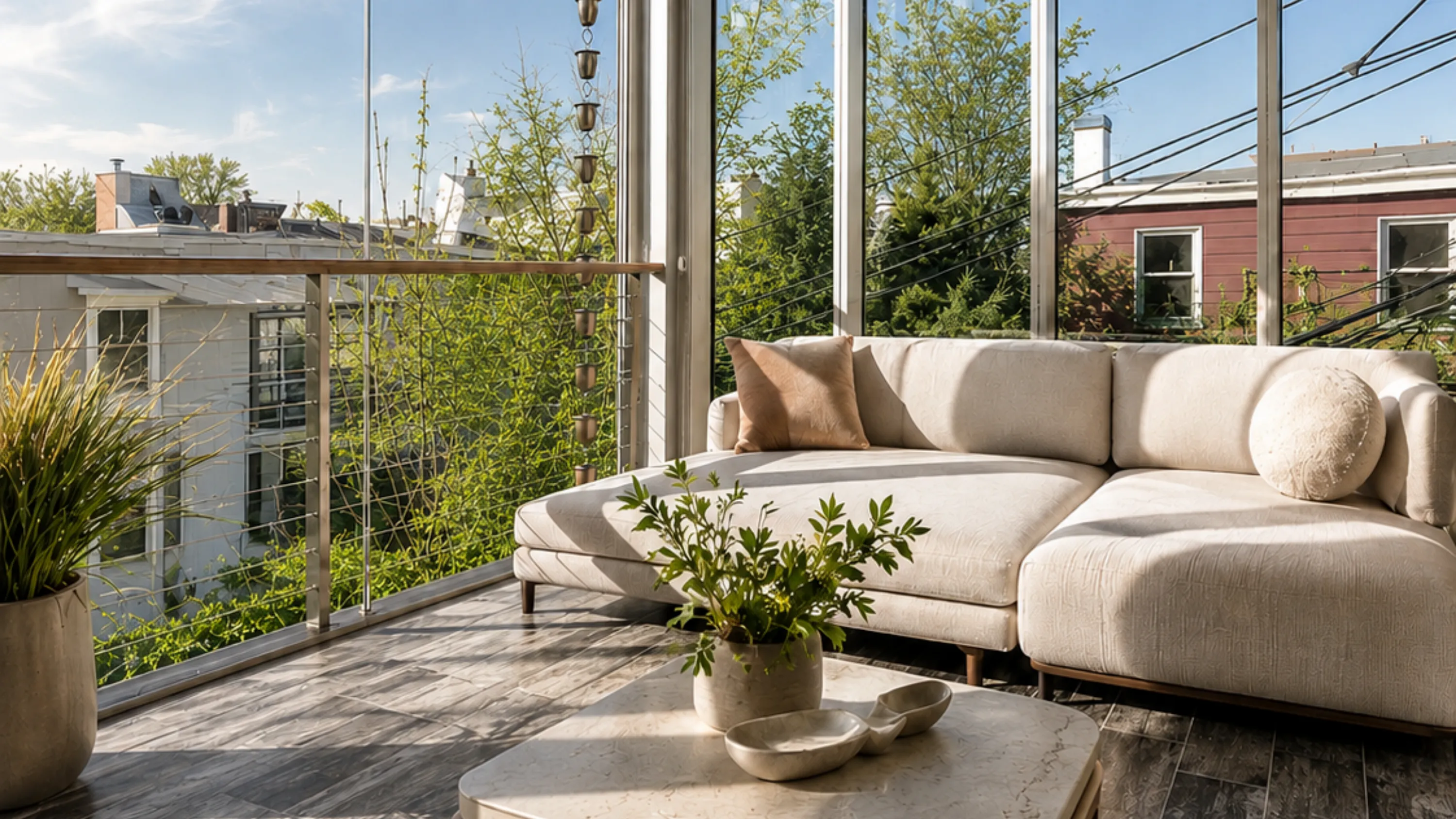 Cream sectional inside a Park Slope balcony sunroom, framed by floor-to-ceiling glass and a cable railing overlooking Brooklyn treetops
